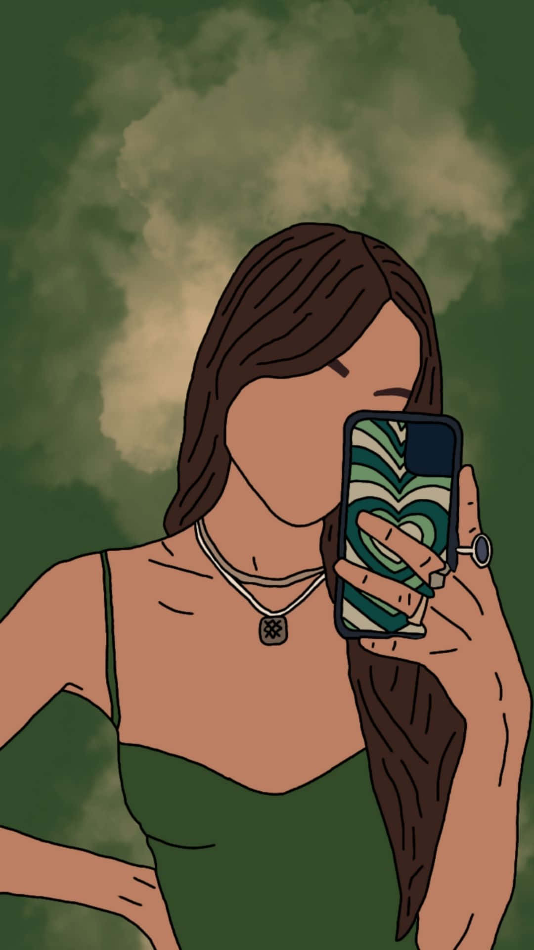 酷 桌布 壁紙 — 一個風格化的插圖，描繪一名女子手持帶有心形圖案的手機，遮住她的臉，背景是陰鬱的綠色多雲天空。