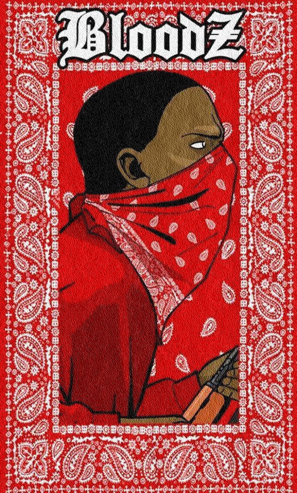 黑幫動圖 桌布 壁紙 — 一個風格化的插圖，描繪一名戴紅色頭巾的男子，在紅色佩斯利背景上手持槍支，並帶有「Bloodz」字樣。