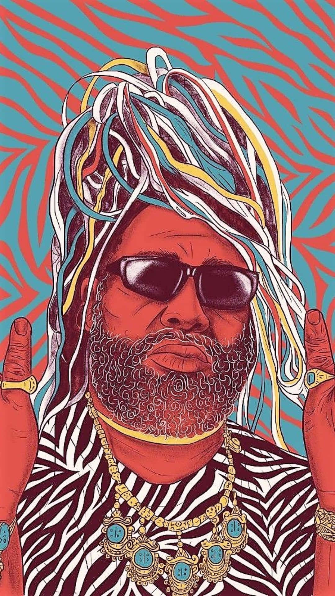 音樂 桌布 壁紙 — 一個風格化的插圖，描繪一名戴著彩色辮子和太陽眼鏡的男子，在充滿活力的斑馬紋背景前做出和平手勢。