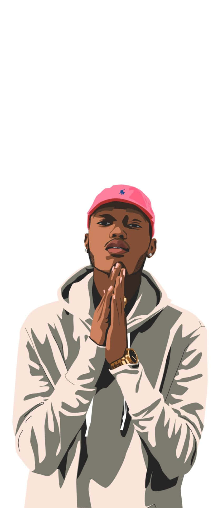 Rapper Cartoon 桌布 壁紙 — 一個風格化的插圖，描繪一名戴著粉紅色帽子和米色連帽衫的年輕男子，在純白色背景前合十祈禱。