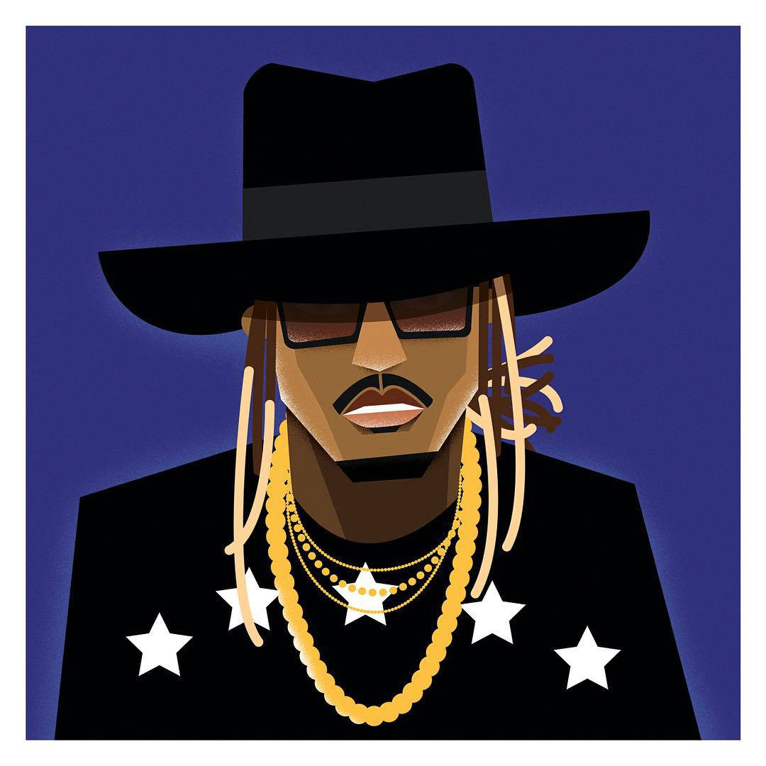 Hip Hop 桌布 壁紙 — 一個風格化的插圖，描繪一名戴著黑色軟呢帽和太陽眼鏡的男子，黑色外套上飾有金鏈和白色星星，背景為深藍色。
