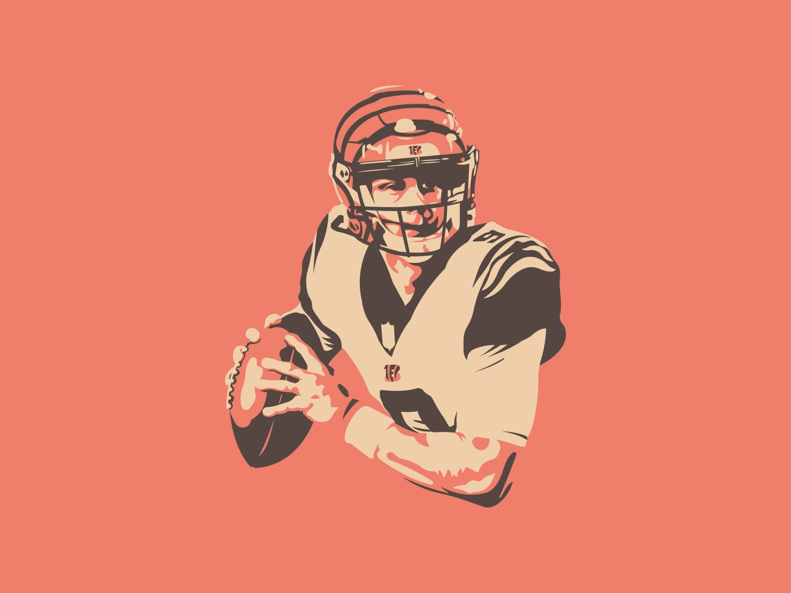 Joe Burrow 桌布 壁紙 — 一個風格化的插圖，描繪一名戴頭盔和球衣的美式足球四分衛，在純珊瑚色背景上持球。