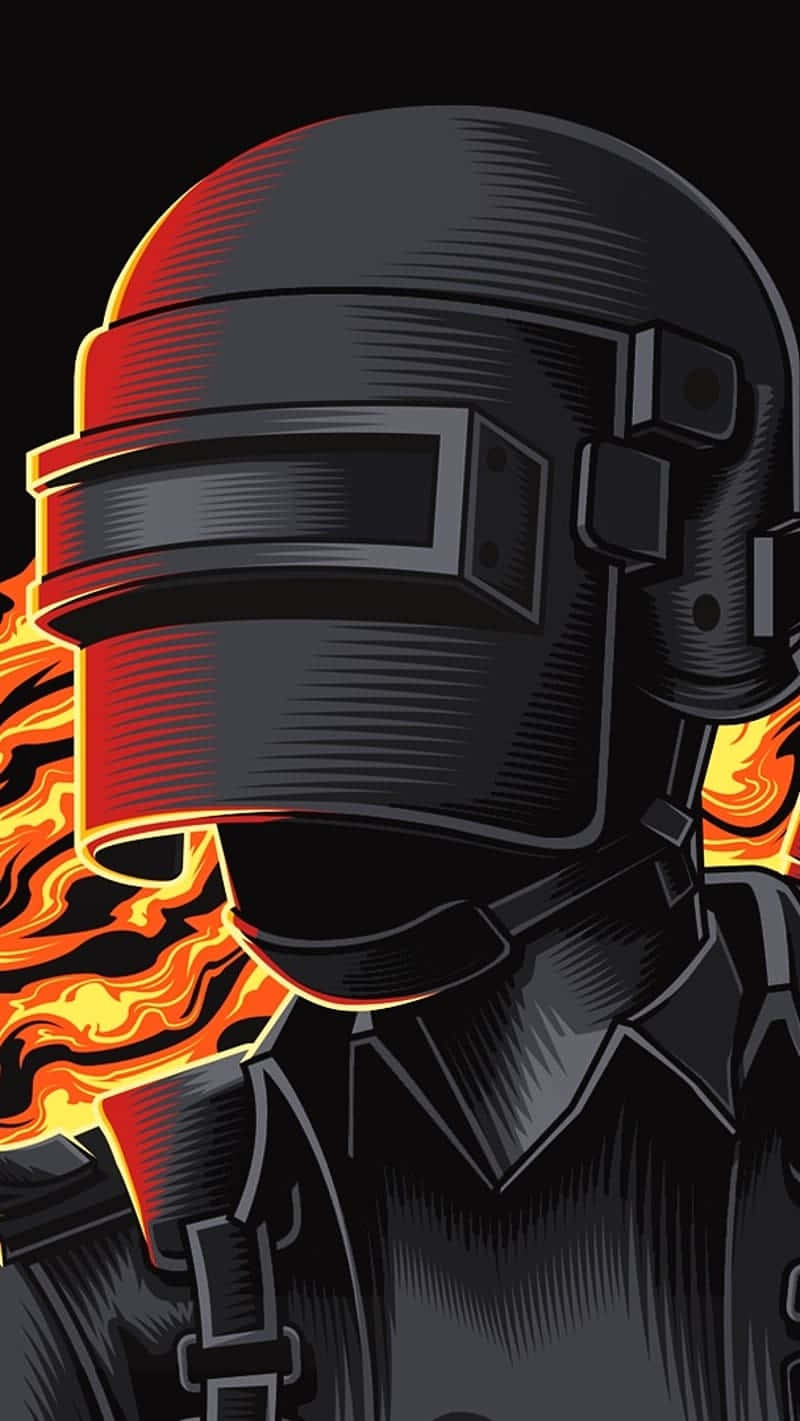 Helmet 桌布 壁紙 — 一個風格化的插圖，描繪一名戴頭盔的士兵，身後有熾熱的橙色火焰在黑色背景上爆發。