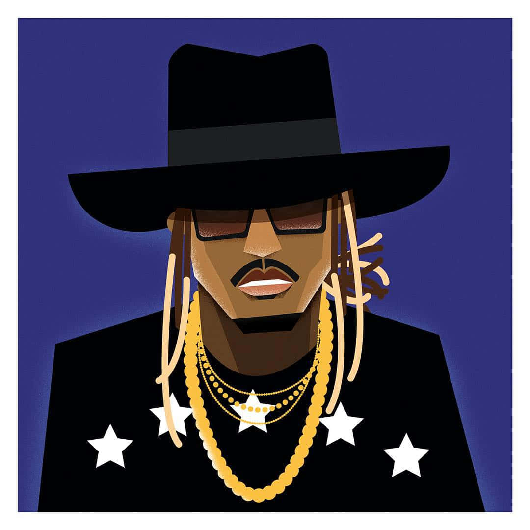 Rapper Cartoon 桌布 壁紙 — 一個風格化的插圖，描繪一名戴黑色軟呢帽和太陽眼鏡的男子，黑色外套上飾有金鏈和白色星星，背景為深藍色。