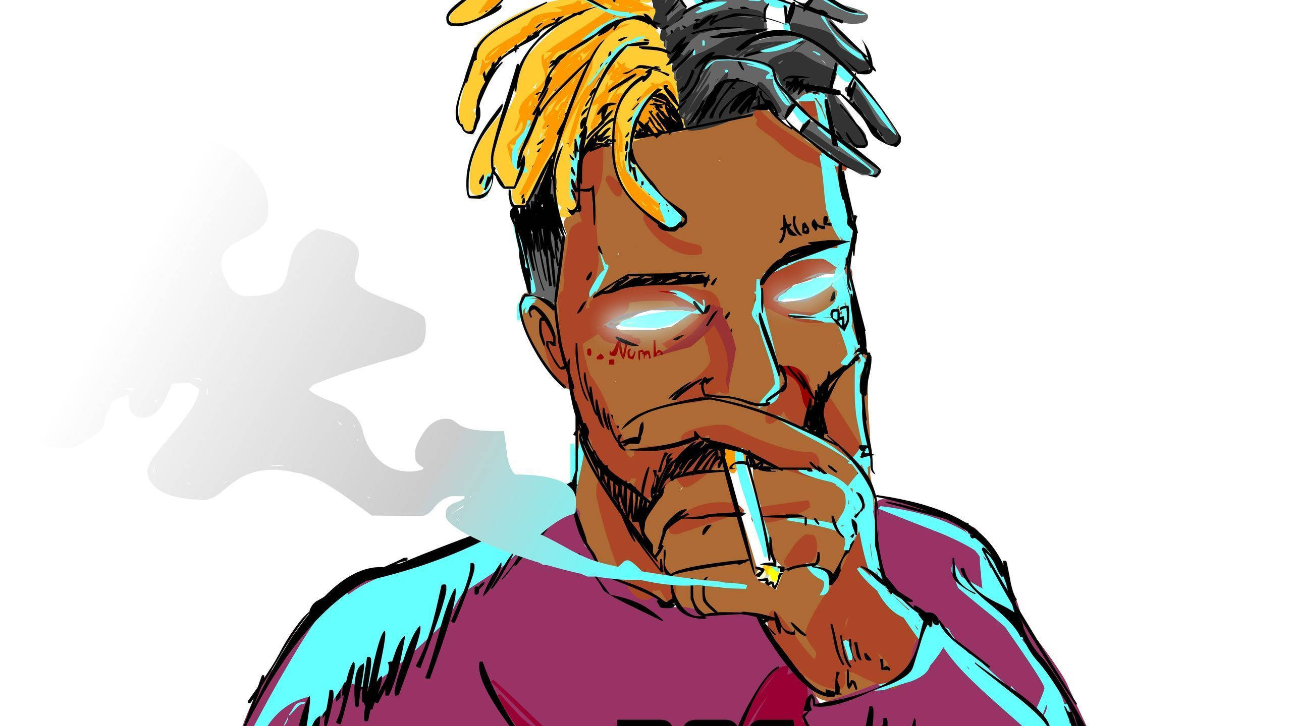 xx 桌布 壁紙 — 一個風格化的插圖，描繪一名擁有黃色和黑色辮子頭的男人正在抽煙，煙霧在他旁邊盤旋。