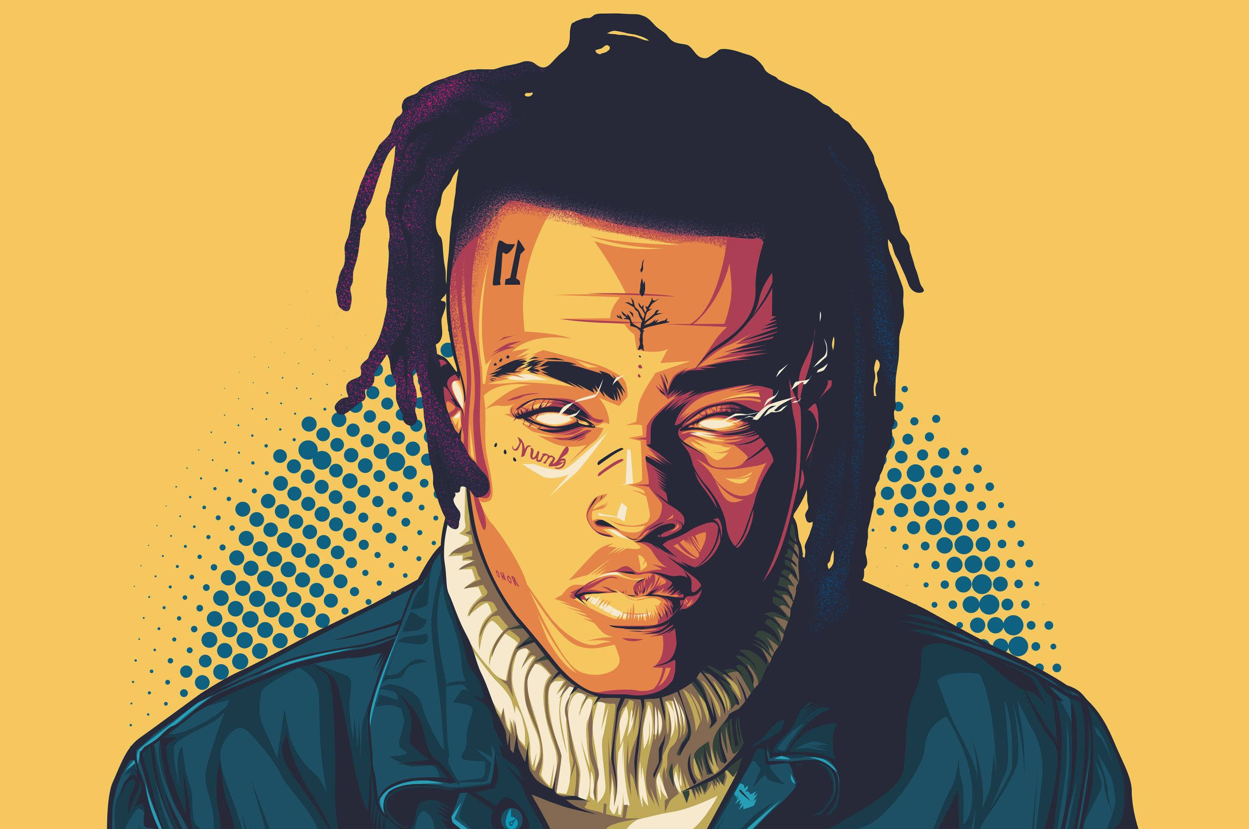 XXXTENTACION 桌布 壁紙 — 一個風格化的插圖，描繪一名有辮子和紋身的男子，背景為黃色並帶有藍色半色調點。