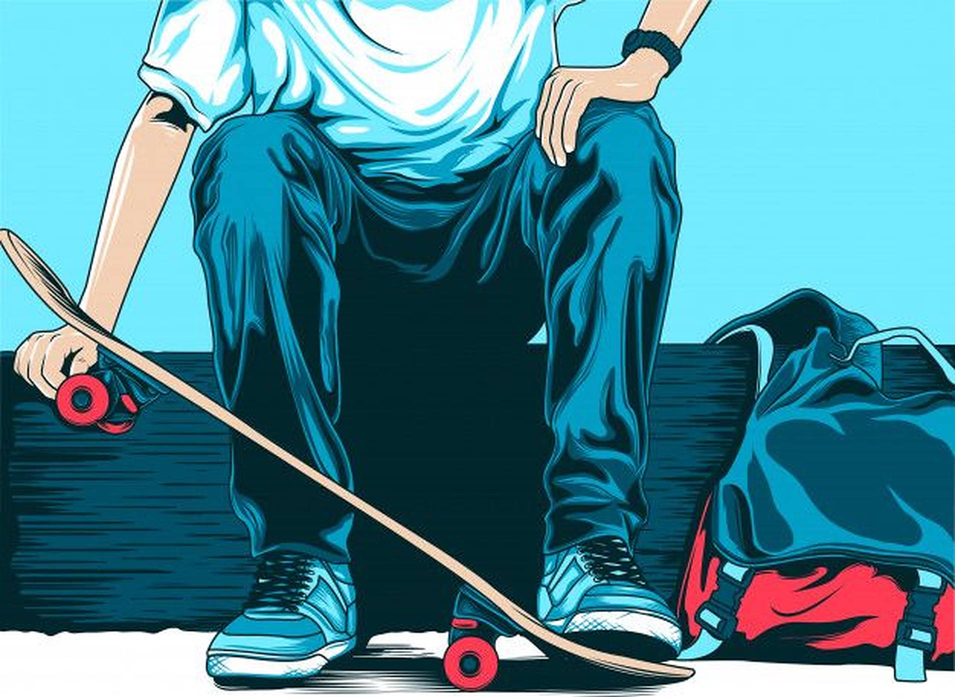 Skater Boy Aesthetic 桌布 壁紙 — 一個風格化的插圖，描繪一名滑板手坐在明亮的藍色背景前，帶著滑板和背包。