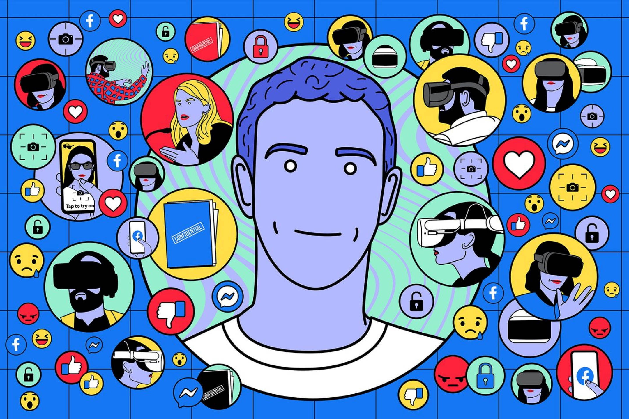 Zuckerberg 桌布 壁紙 — 一個風格化的插圖，描繪一名男子被浮動的社交媒體圖標和VR用戶包圍在藍色網格背景上。