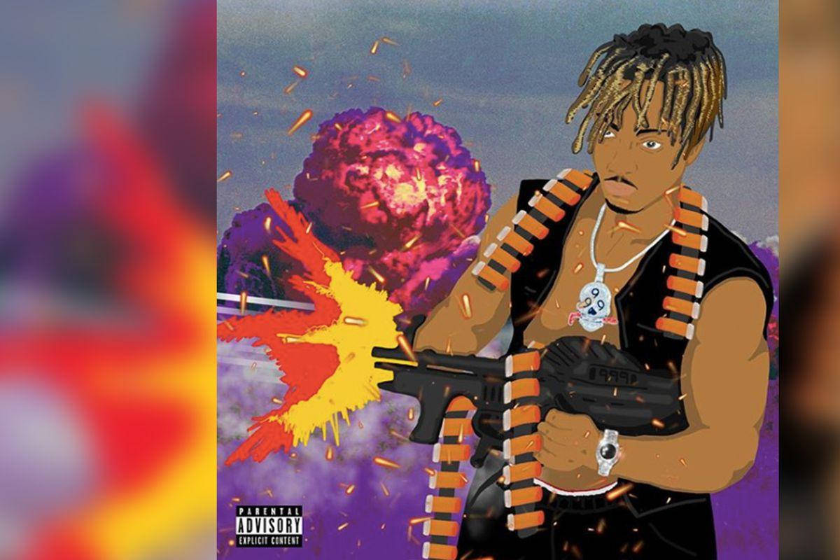 留著辮子頭的男子開火，身後有色彩繽紛的爆炸。 — Juice Wrld 壁紙