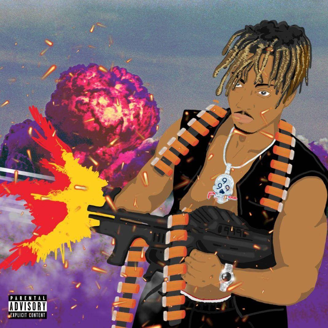留著辮子的男子在色彩繽紛的爆炸中發射機關槍。 — Juice Wrld 壁紙