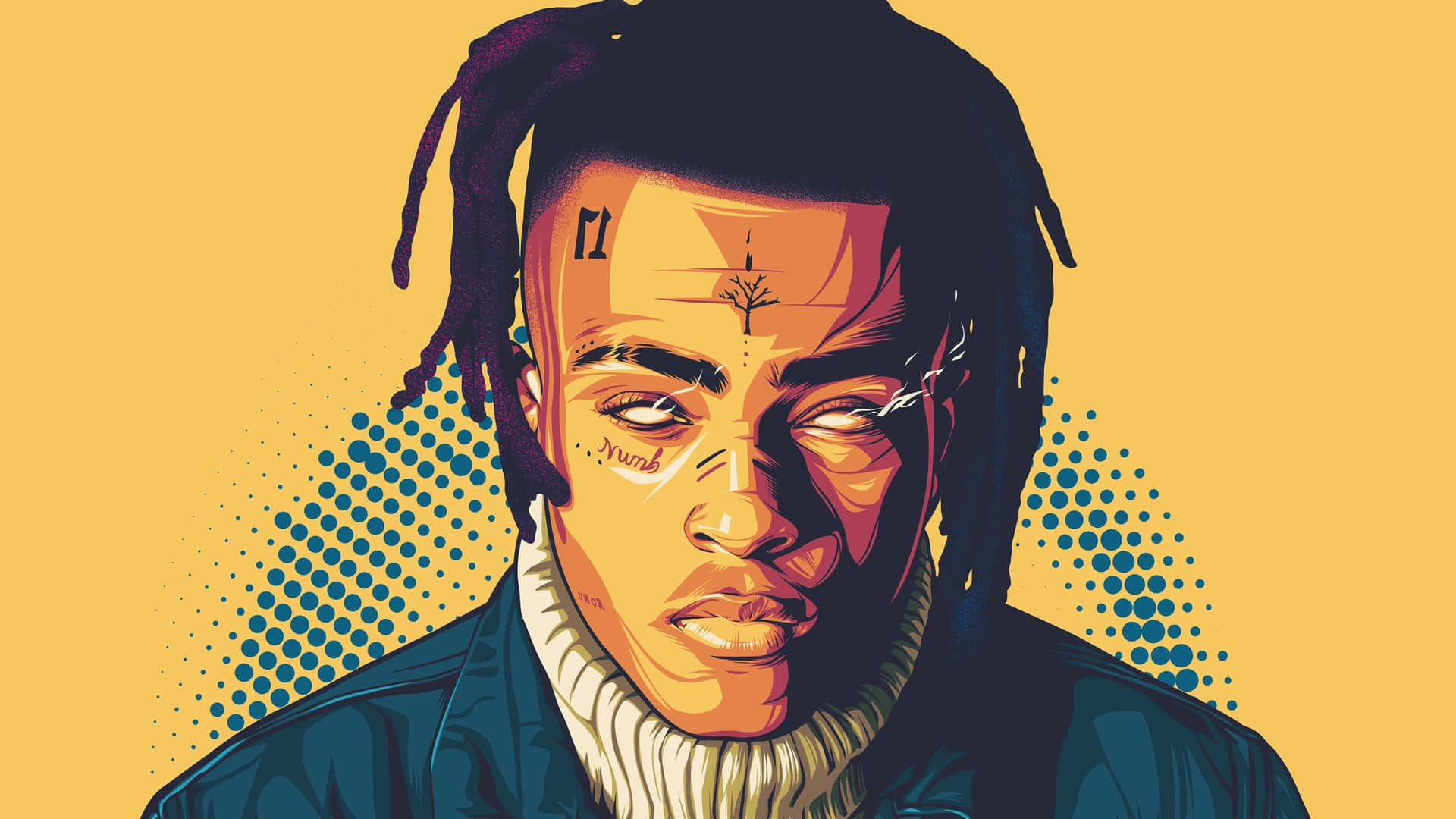 XXXTENTACION 桌布 壁紙 — 一個風格化的插圖，描繪一名留著辮子頭和面部刺青的男子，背景為黃色並帶有藍色半色調圓點。