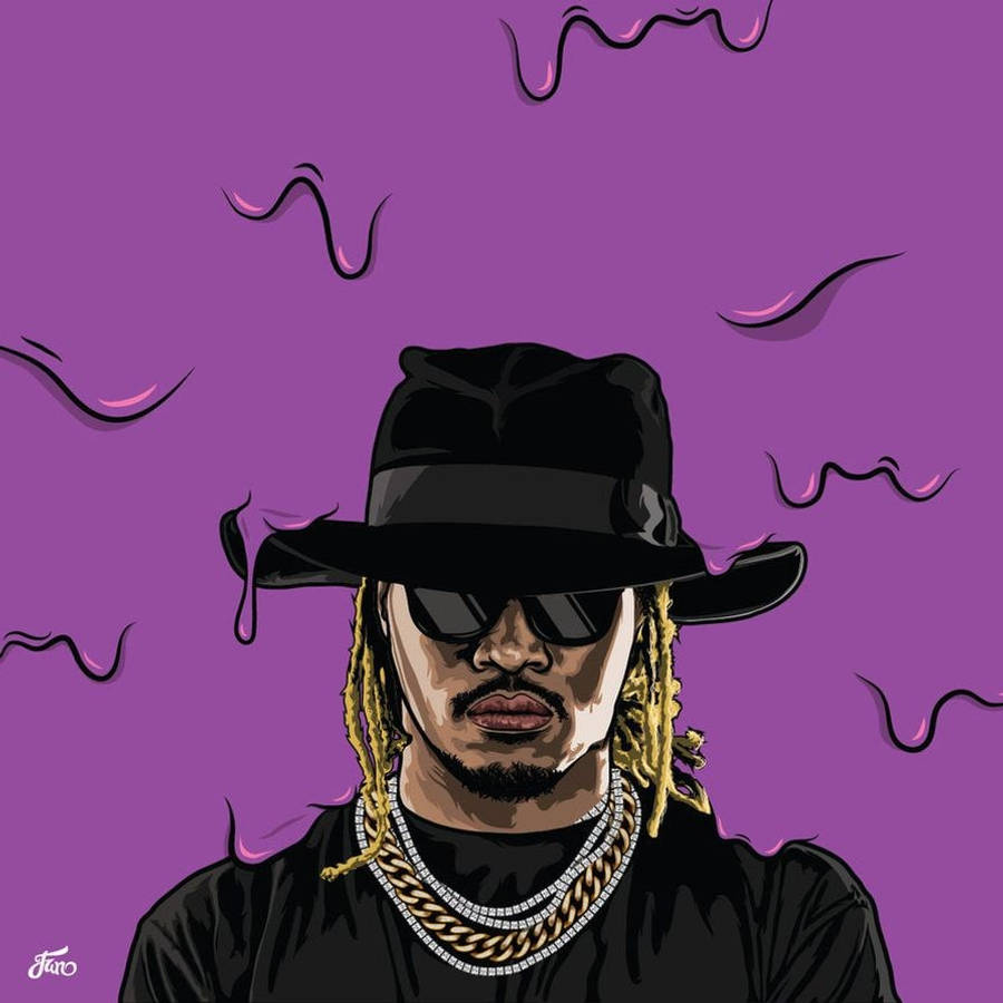 Future Rapper 桌布 壁紙 — 一個風格化的插圖，描繪一名留著辮子、戴黑色帽子、太陽眼鏡和粗鏈條的男子，背景是帶有波浪線的鮮豔紫色。