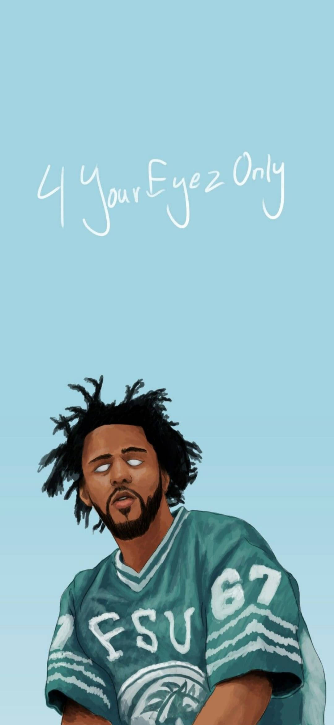 J 桌布 壁紙 — 一個風格化的插圖，描繪一名留著辮子的男子，身穿藍綠色FSU球衣，背景為純淺藍色，上方有手寫文字。