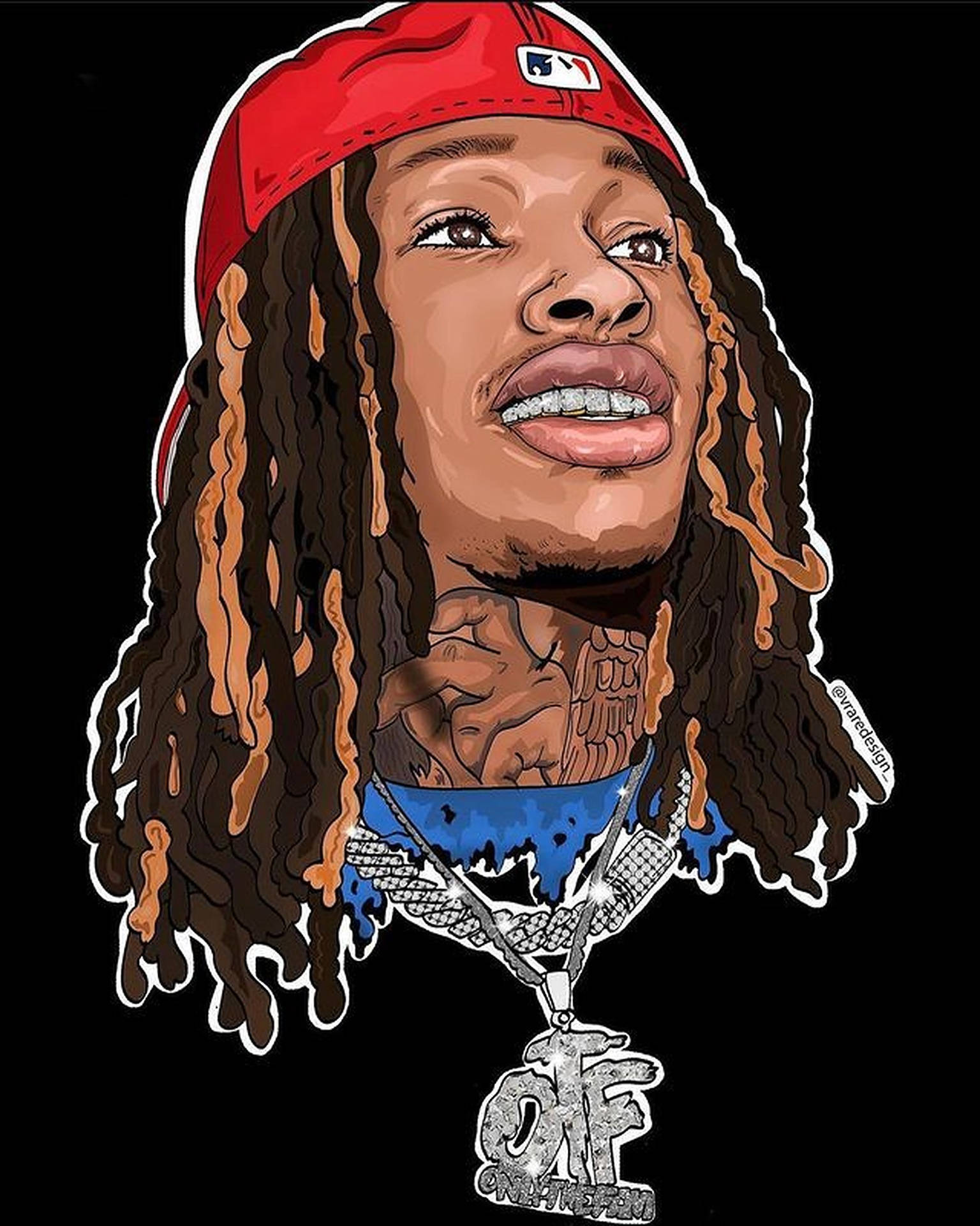 一名留著辮子的男子戴著紅色帽子和鏈條項鍊的肖像。 — King Von 壁紙