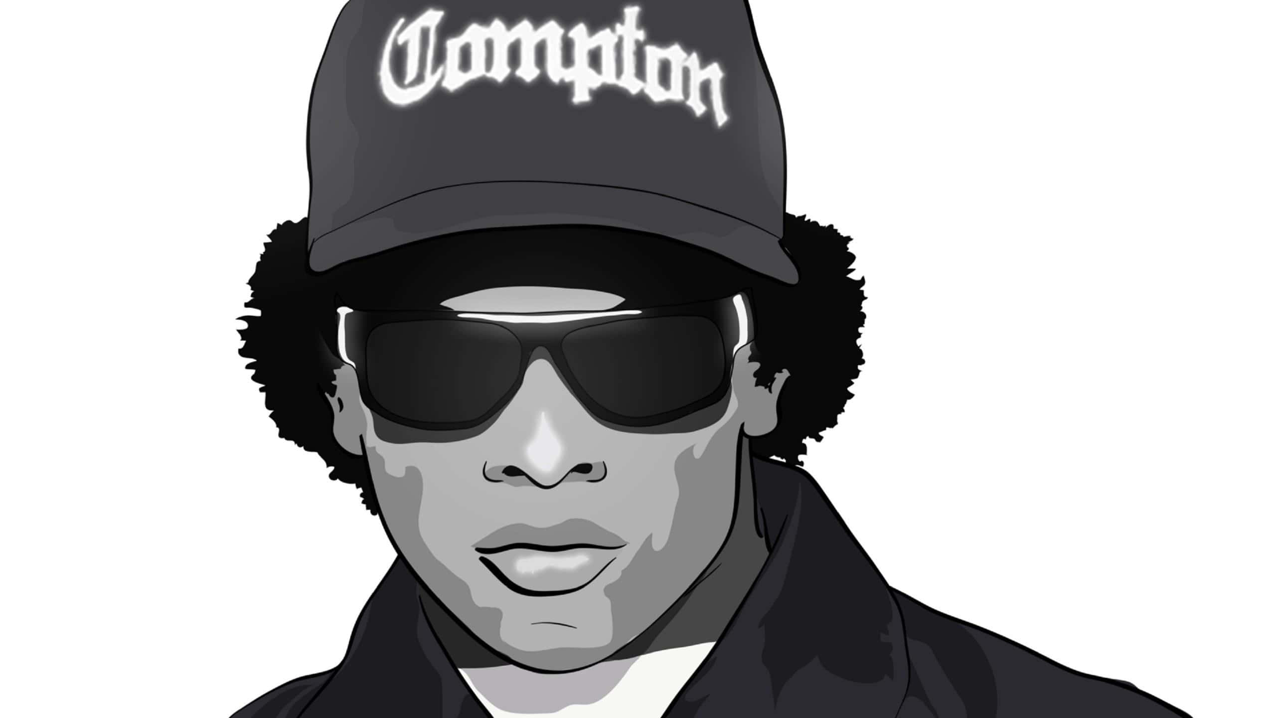 Eazy E 桌布 壁紙 — 一個風格化的插圖，描繪一名留著非洲式頭髮、戴著Compton帽和太陽眼鏡的男子，背景為純白色。