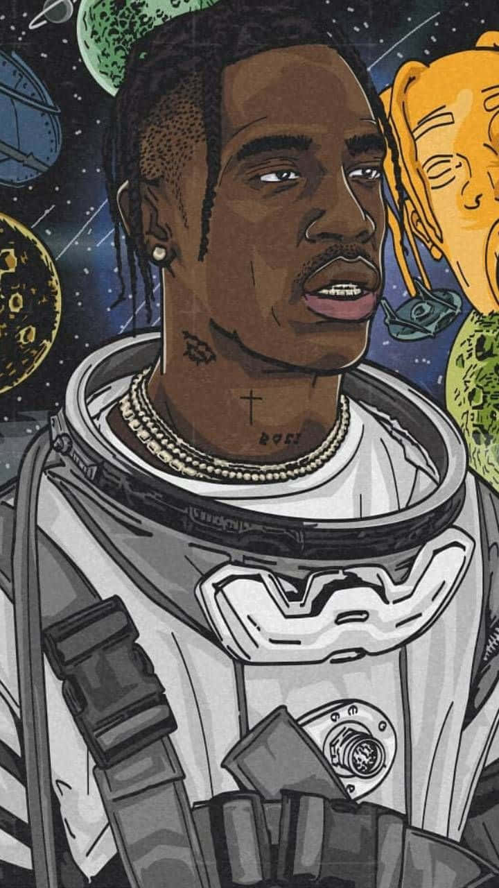 Rapper Cartoon 桌布 壁紙 — 一個風格化的插圖，描繪一名穿著太空衣的男子，背景是宇宙，有行星和一個卡通角色。