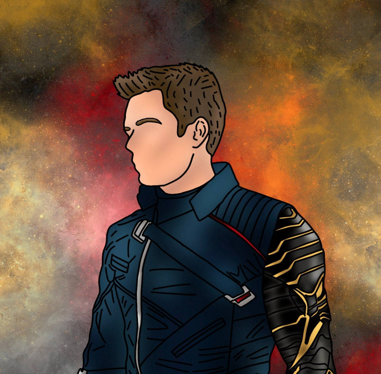 Bucky Barnes 桌布 壁紙 — 一個風格化的插圖，描繪一名穿著未來主義服裝的男子，背景是充滿活力的宇宙星雲。