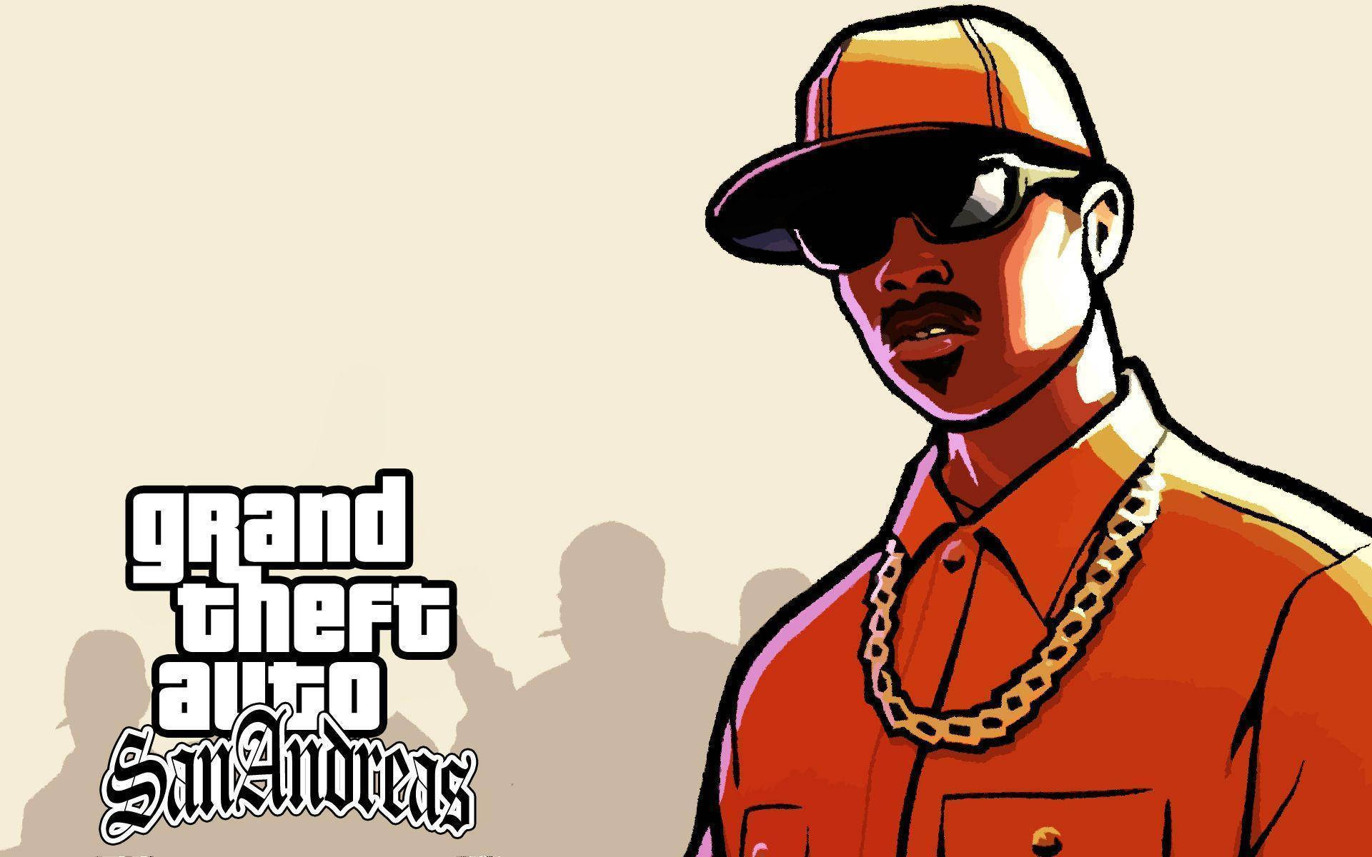 GTA 聖安地列斯 桌布 壁紙 — 一個風格化的插圖，描繪一名穿著橙色襯衫和帽子、戴著太陽眼鏡和金色鏈條的男子，背景為米色，帶有GTA San Andreas標誌。
