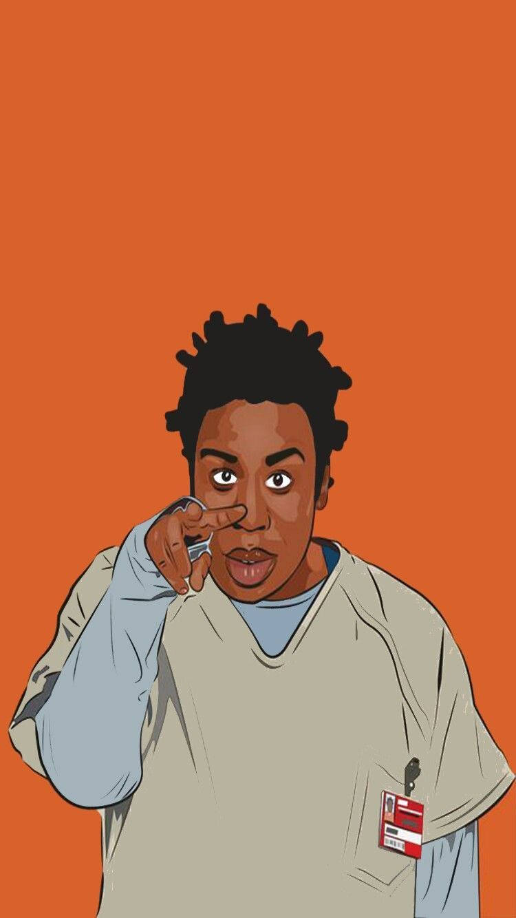 Entertainment 桌布 壁紙 — 一個風格化的插圖，描繪一名穿著米色制服的年輕黑人男子，在純橙色背景前指向觀眾。