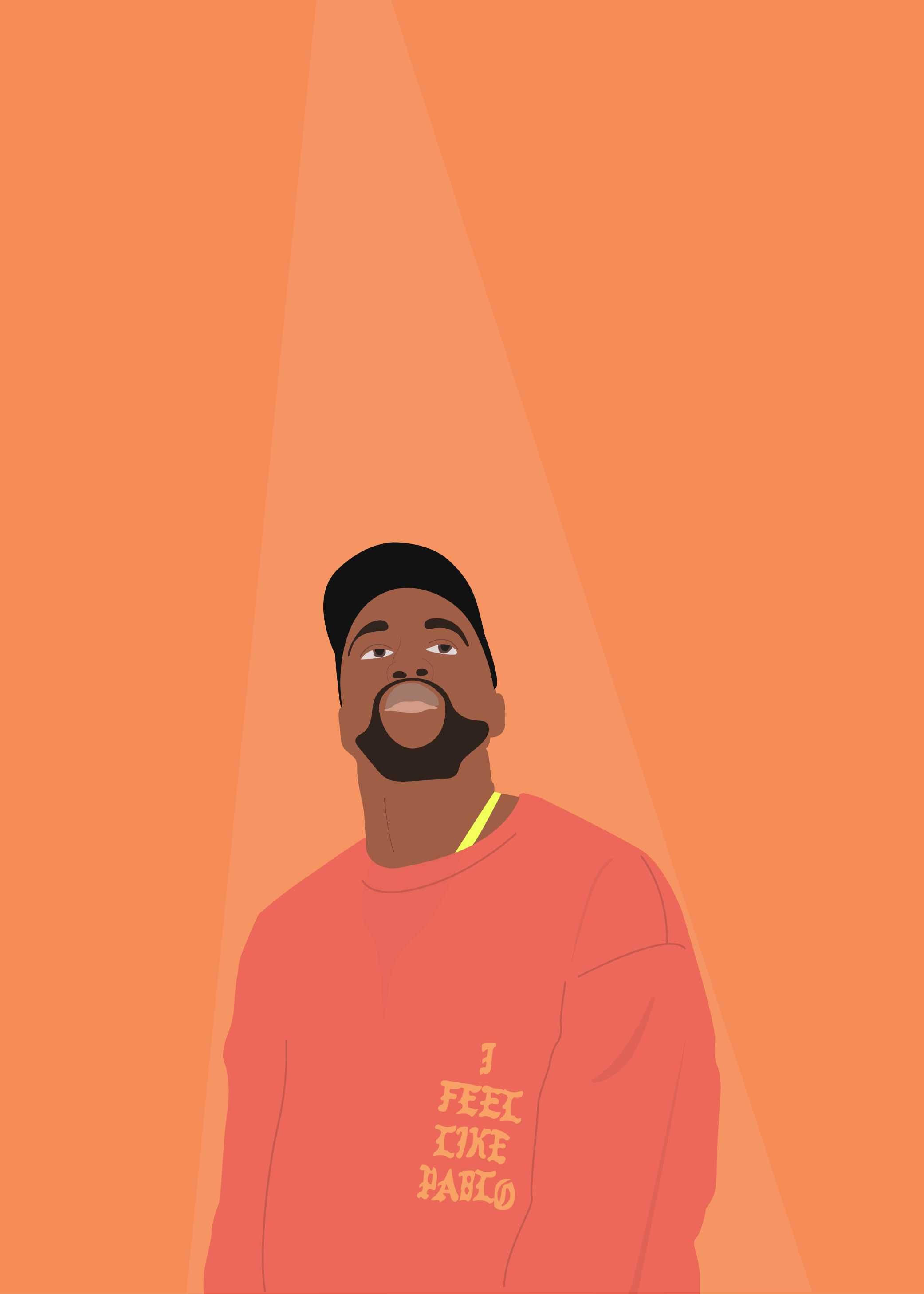 Kanye West 桌布 壁紙 — 一個風格化的插圖，描繪一名穿著粉紅色運動衫和黑色帽子的男子站在橙色背景的聚光燈下。
