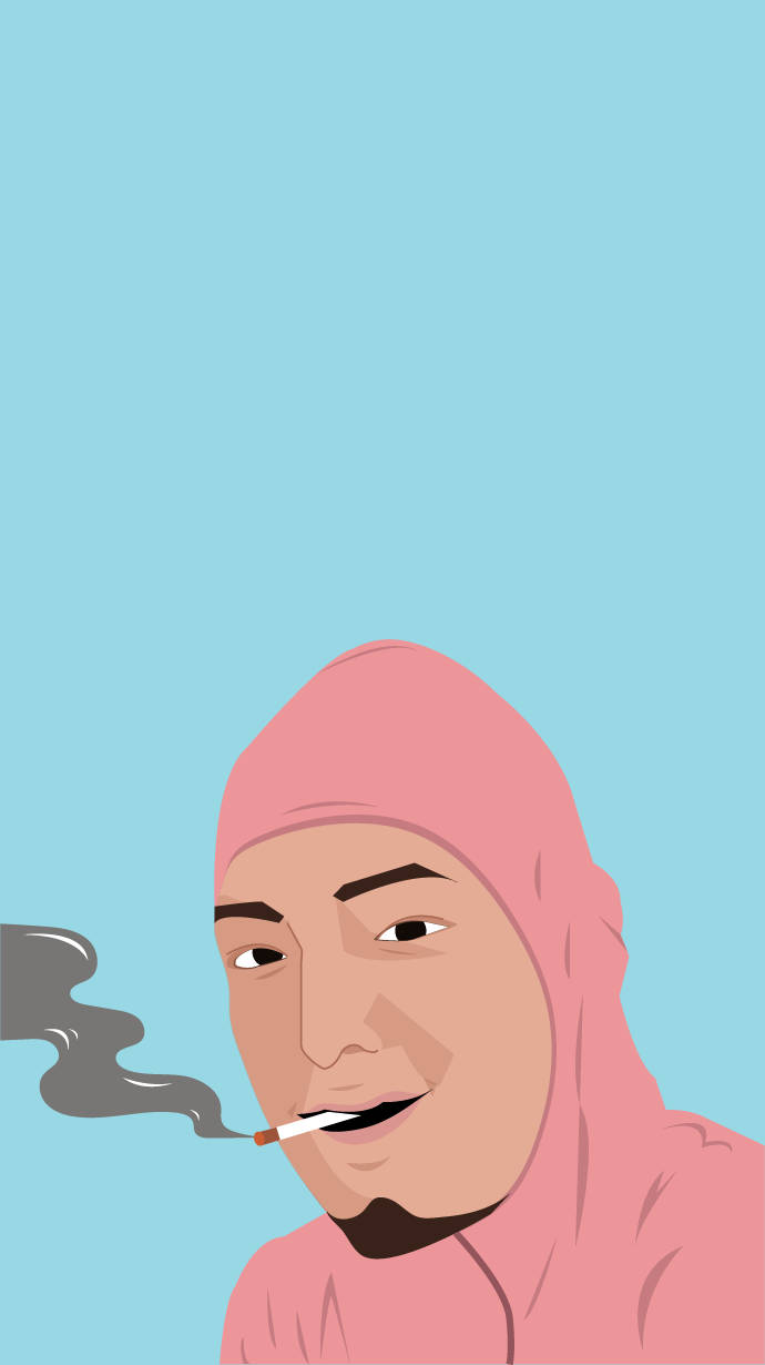 高清 桌布 壁紙 — 一個風格化的插圖，描繪一名穿著粉紅色連帽衫的男子在純淺藍色背景上抽煙。