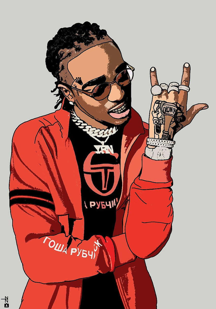 Hip Hop Rappers 桌布 壁紙 — 一個風格化的插圖，描繪一名穿著紅色外套和太陽眼鏡的男子，帶著刺青和戒指做出手勢。