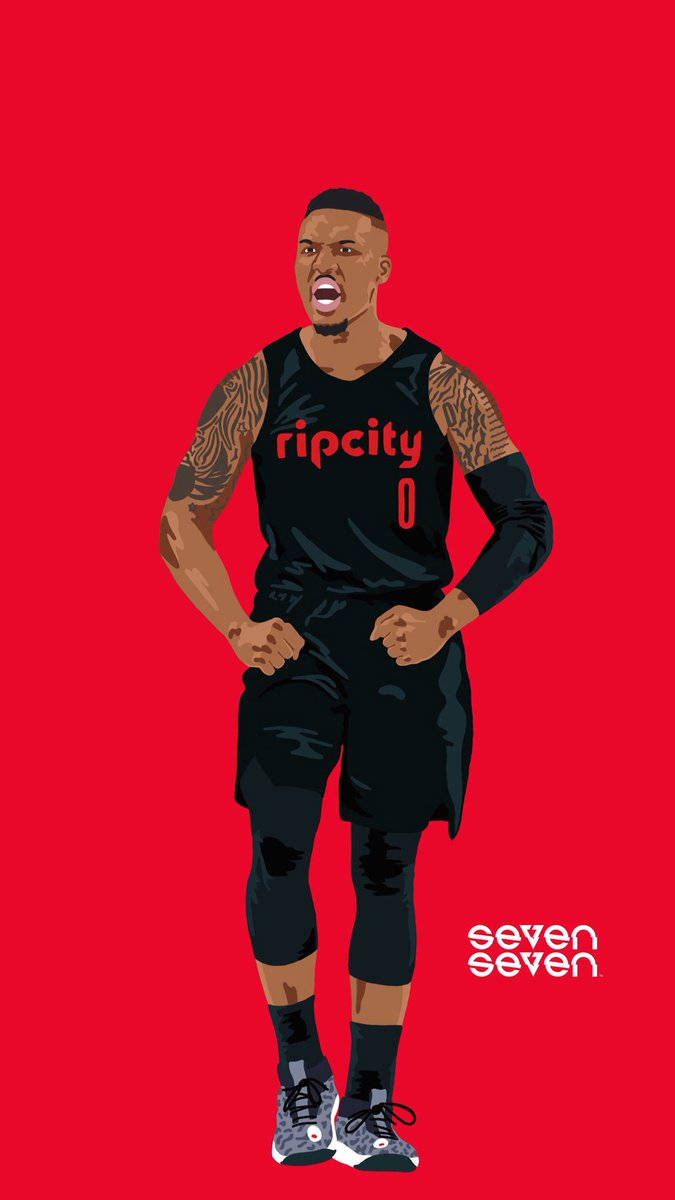 Damian 桌布 壁紙 — 一個風格化的插圖，描繪一名穿著黑色 'Rip City 0' 球衣的籃球運動員，背景為純紅色。