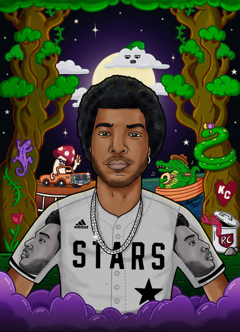 Cartoon 桌布 壁紙 — 一個風格化的插圖，描繪一名身穿棒球衣的男子，在繁星點點的夜空下，被奇特的樹木和卡通生物環繞。