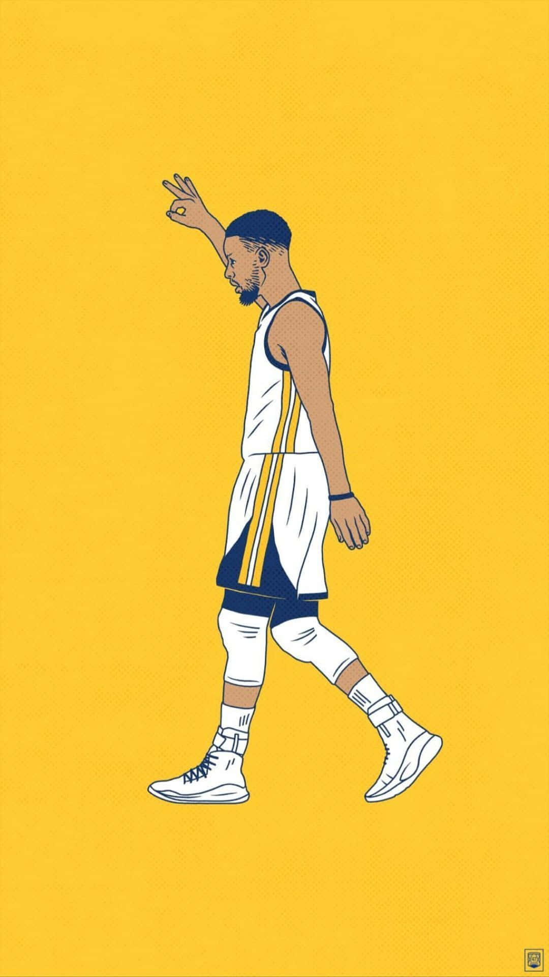 Cartoon NBA Players 桌布 壁紙 — 一個風格化的插圖，描繪一名身穿白色和金色球衣的籃球運動員在純黃色背景上行走並揮手。