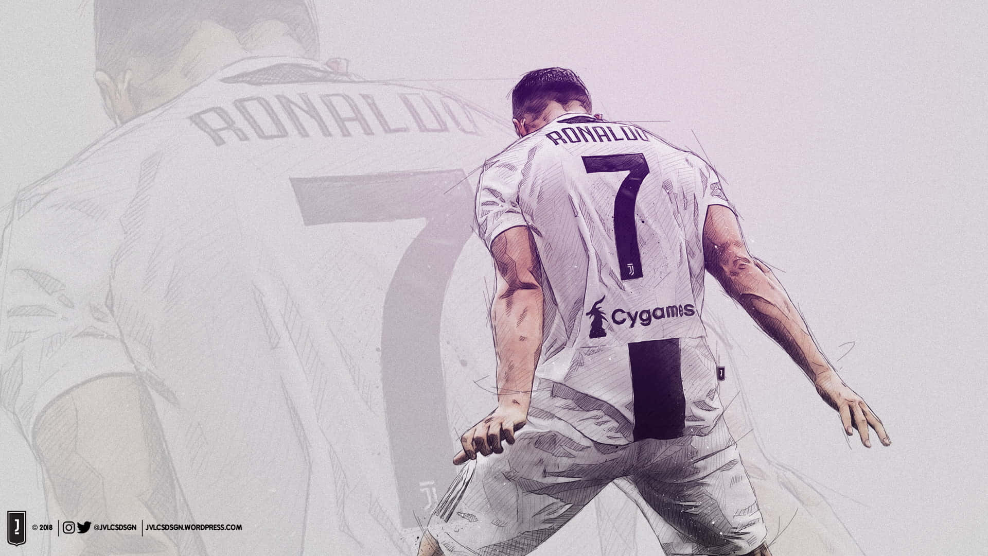 Cristiano Ronaldo - Juventus HD wallpaper 壁紙 — 一個風格化的插圖，描繪一名身穿白色球衣、背後印有7號和羅納度名字的足球員向前奔跑，身後有一個褪色的鬼影般的自己。