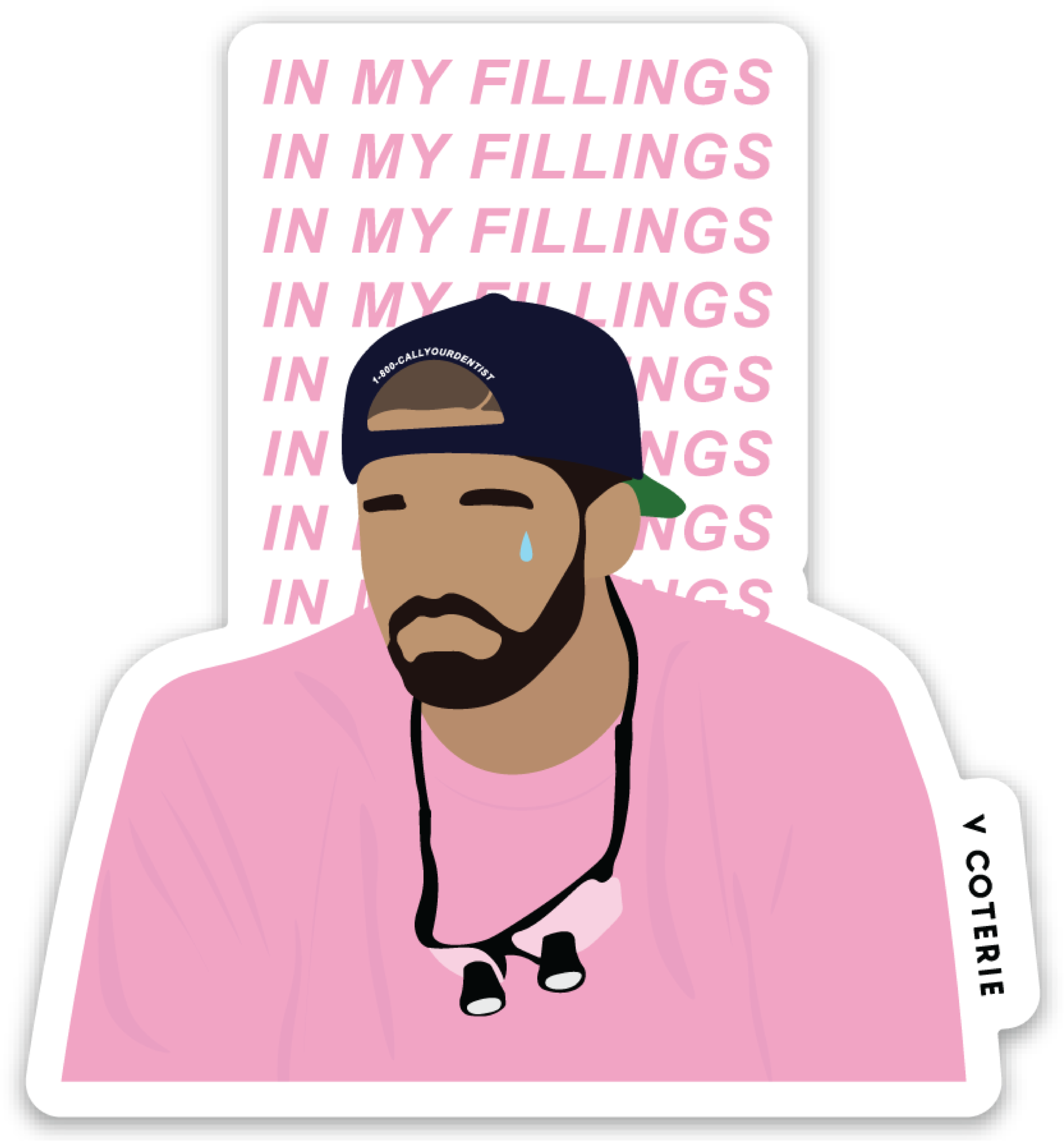 Drake 桌布 壁紙 — 一個風格化的插圖，描繪一名身穿粉紅色襯衫和藍色帽子、流著眼淚的男子，背景是重複的粉紅色文字。