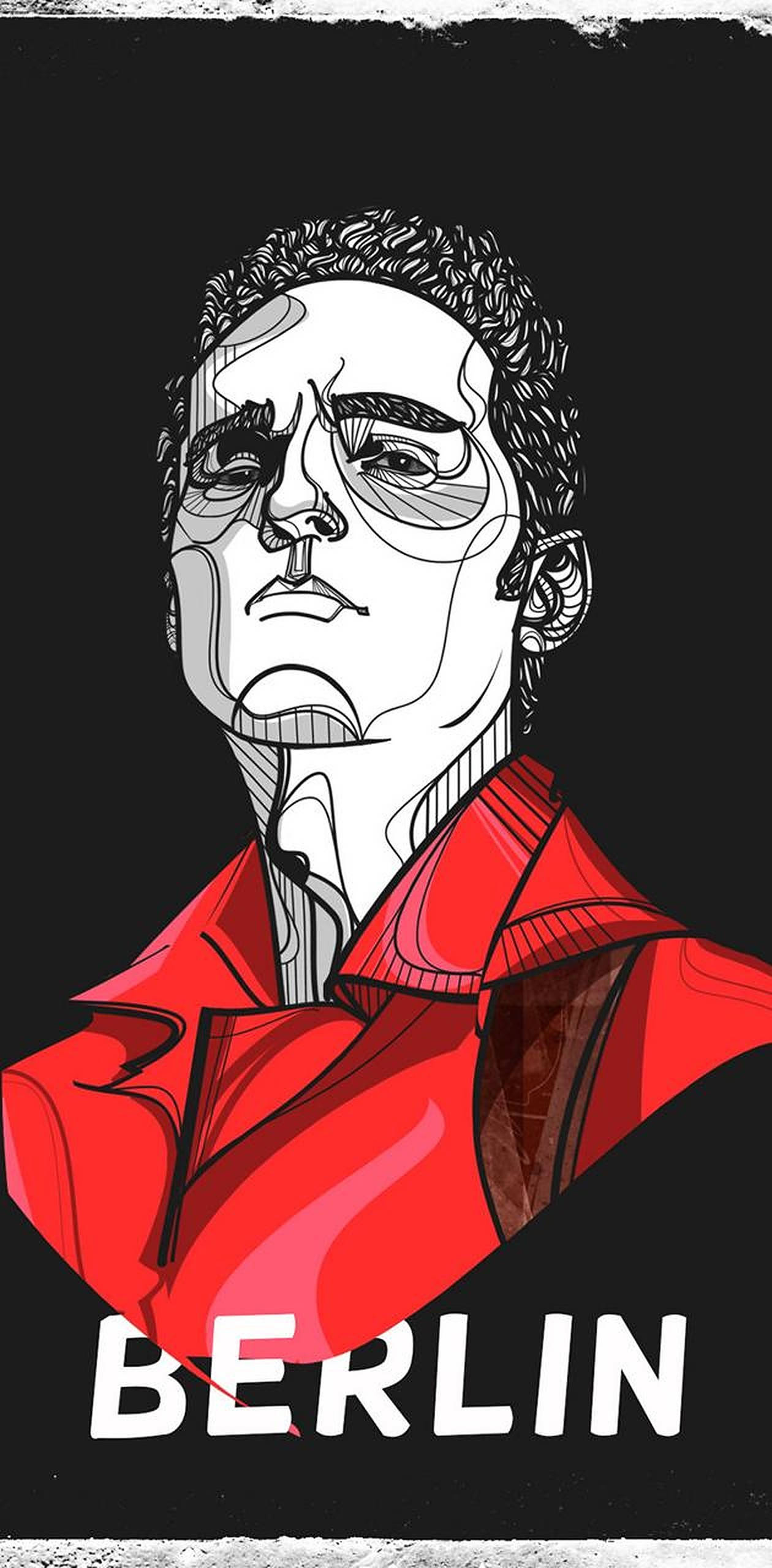 Berlin Money Heist 桌布 壁紙 — 一個風格化的插圖，描繪一名身穿紅色外套的男子，背景為黑色，下方有BERLIN字樣。
