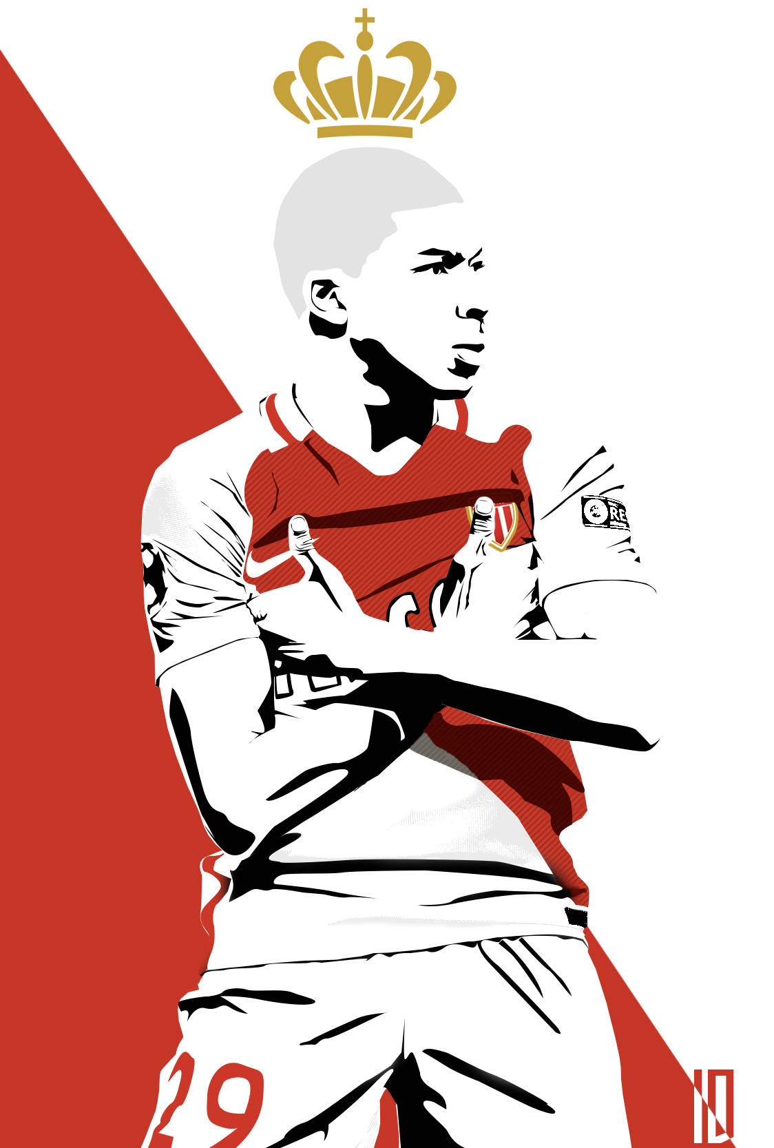 Kylian Mbappe 桌布 壁紙 — 一個風格化的插圖，描繪一名身穿紅白球衣的足球運動員，頭頂金色皇冠，背景為大膽的紅白色。