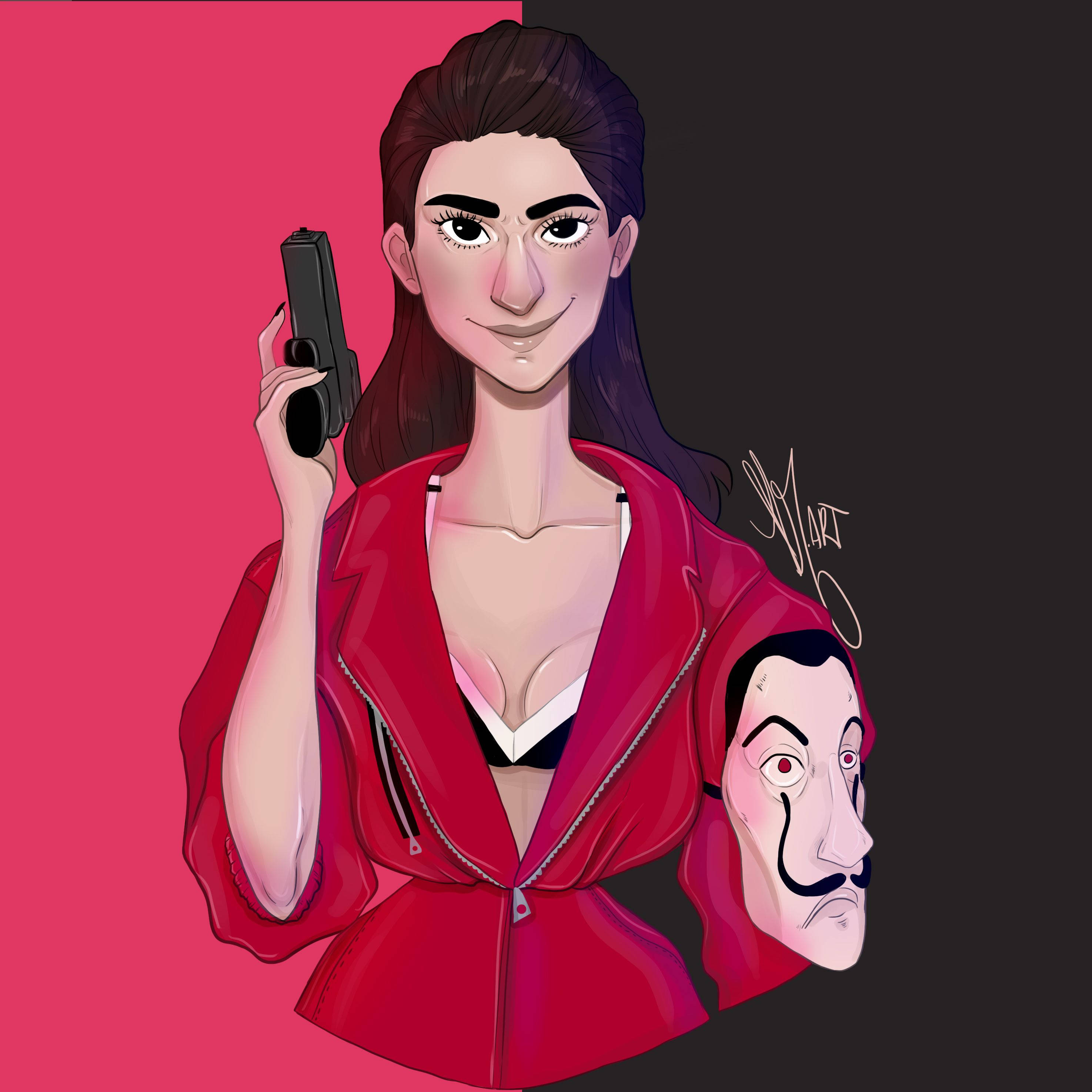 nairobi money heist 桌布 壁紙 — 一個風格化的插圖，描繪一名身穿紅色連帽衫的女子持槍，肩上露出一個戴面具男子的臉，背景為粉紅和黑色分割。