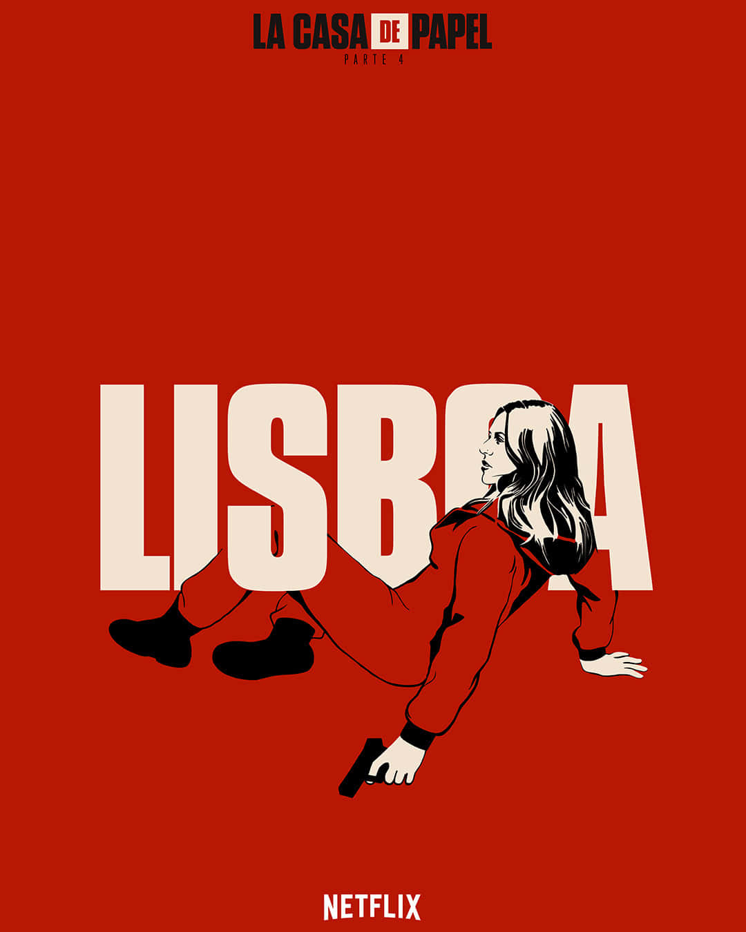 Money Heist Mask 桌布 壁紙 — 一個風格化的插圖，描繪一名身穿紅色連身衣褲的女性蹲在「LISBOA」字樣後面，背景為純紅色。