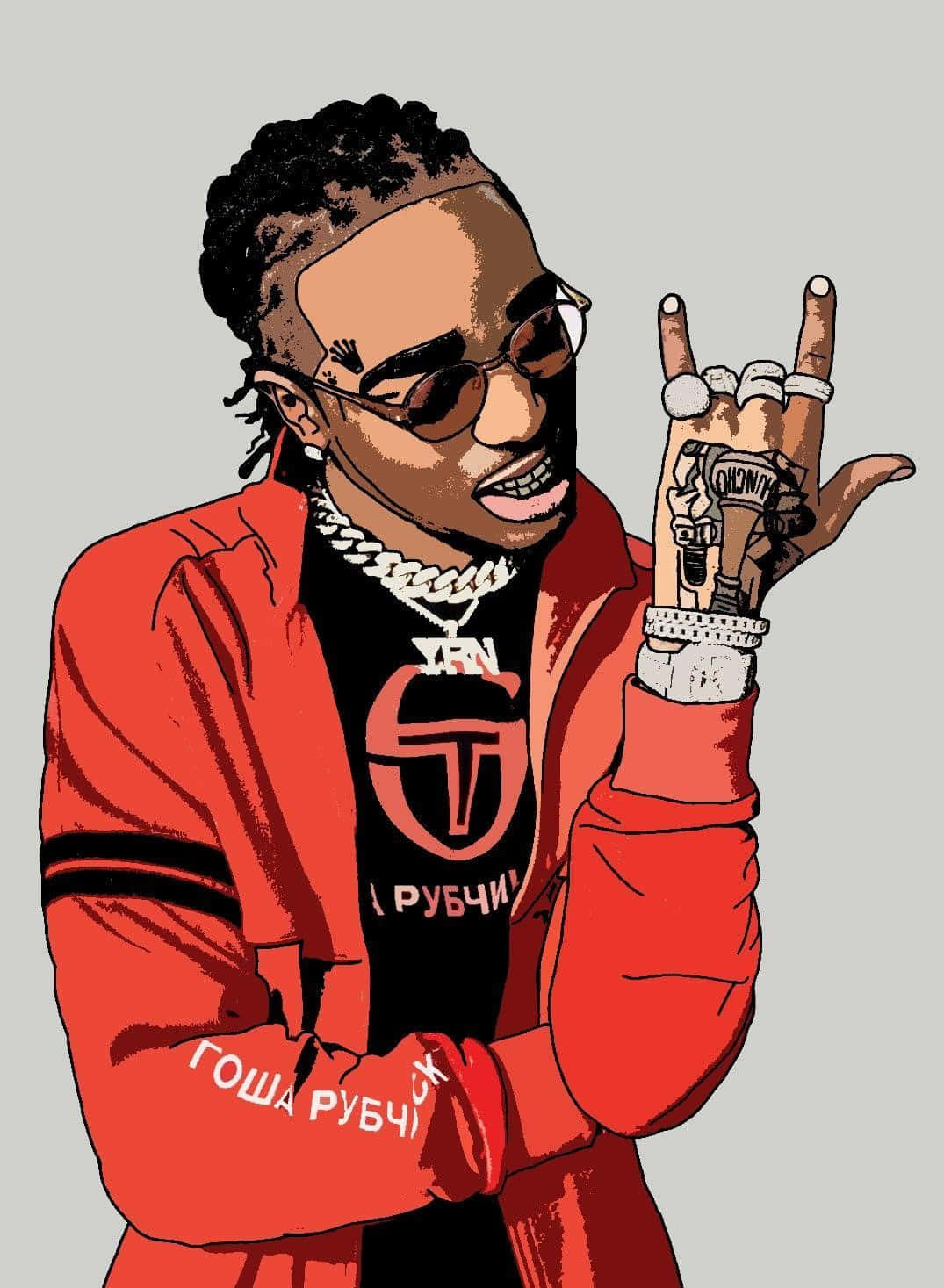 Cartoon Rapper 桌布 壁紙 — 一個風格化的插圖，描繪一名身穿紅色外套、戴著太陽眼鏡的男子做出搖滾手勢。