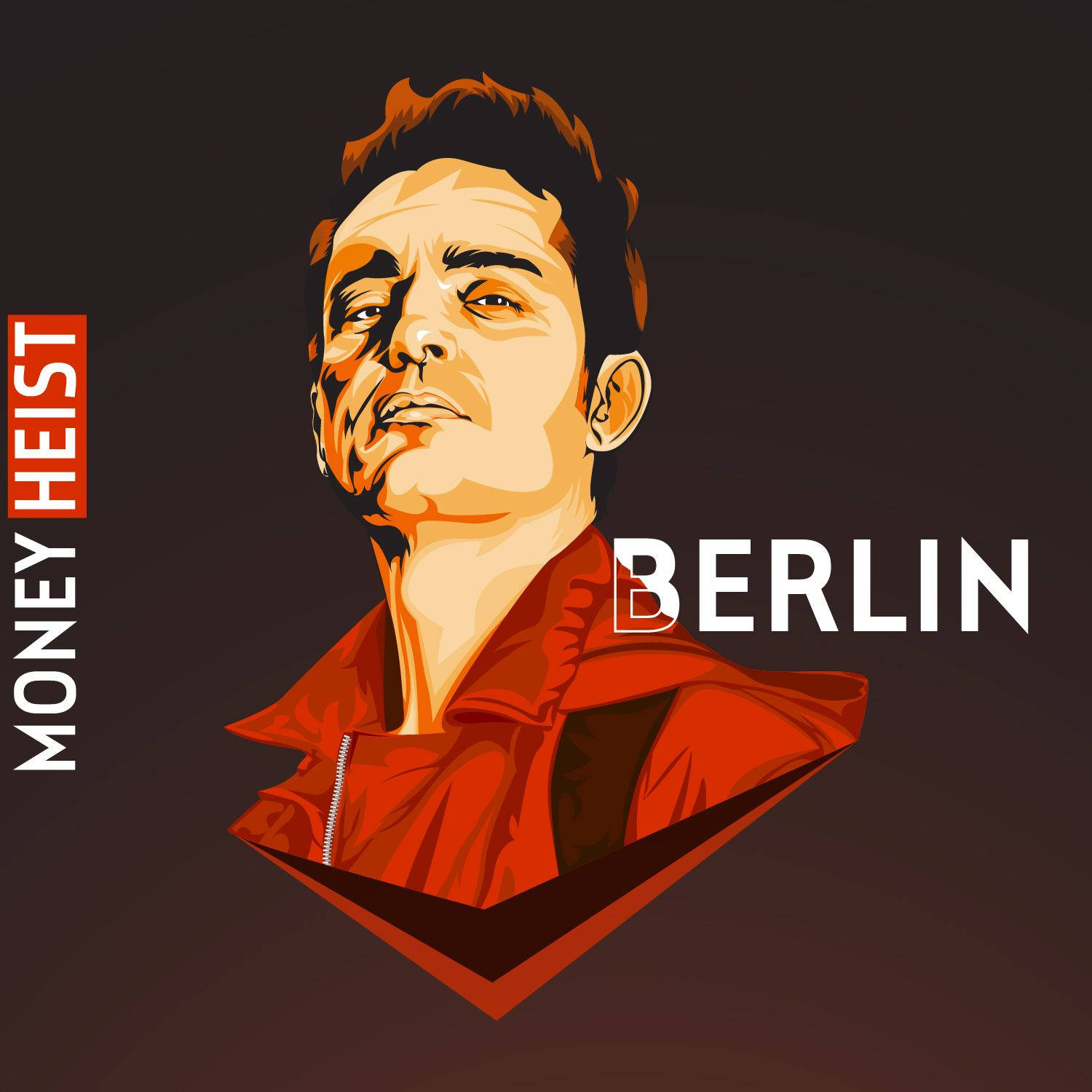 Berlin Money Heist 桌布 壁紙 — 一個風格化的插圖，描繪一名身穿紅色外套的男子，帶有「Money Heist Berlin」文字，背景為深色。