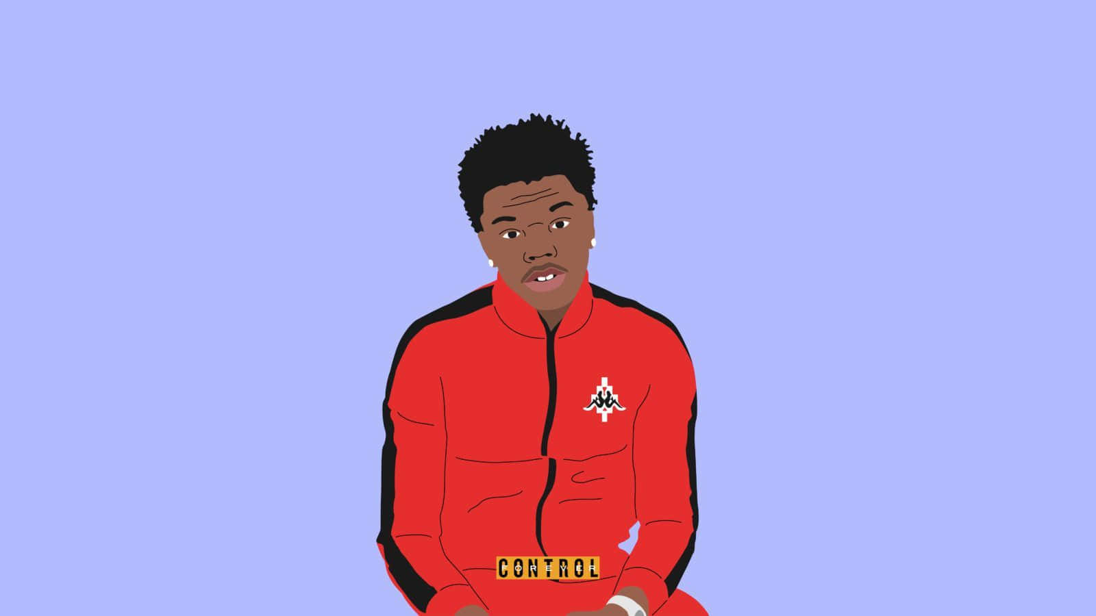 Lil Baby Cartoon 桌布 壁紙 — 一個風格化的插圖，描繪一名身穿紅色運動外套、腰部印有「CONTROL」字樣的男子，背景為純薰衣草色。
