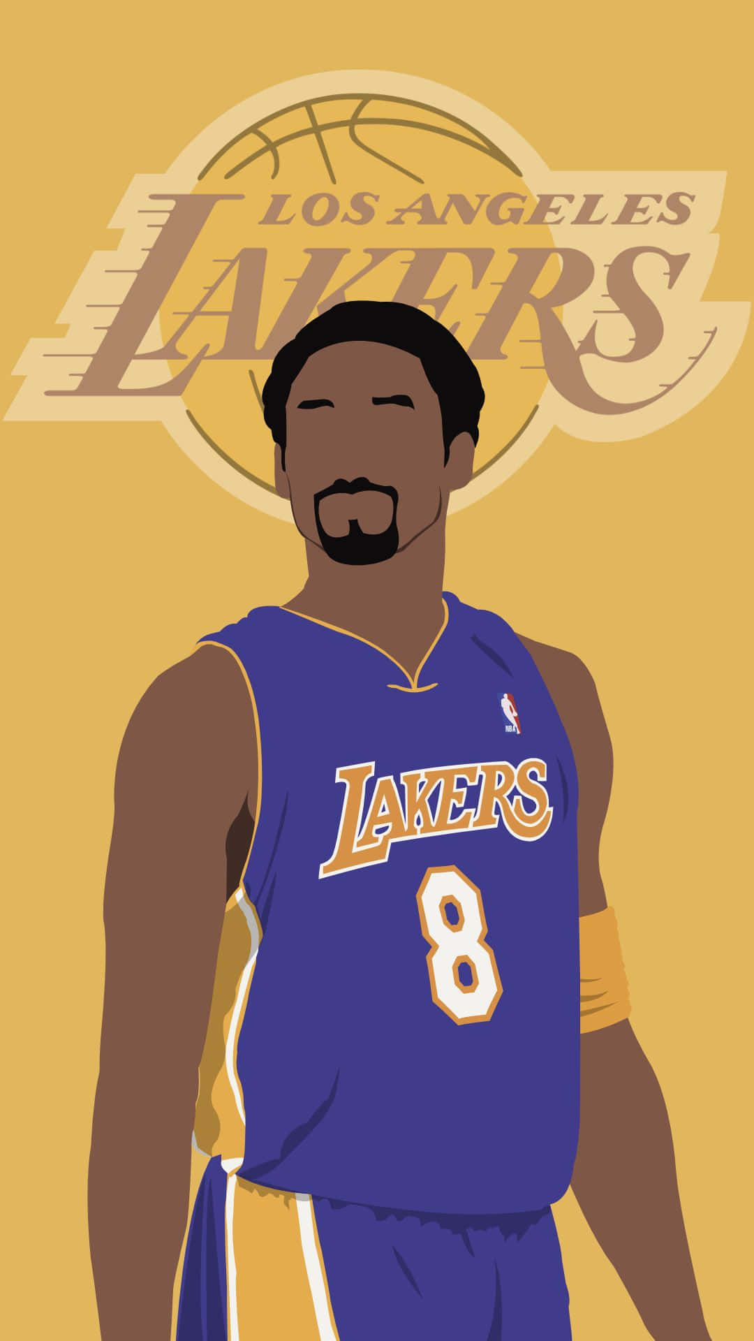 Kobe Basketball 桌布 壁紙 — 一個風格化的插圖，描繪一名身穿紫色和金色洛杉磯湖人隊8號球衣的籃球運動員，背景為純黃色。