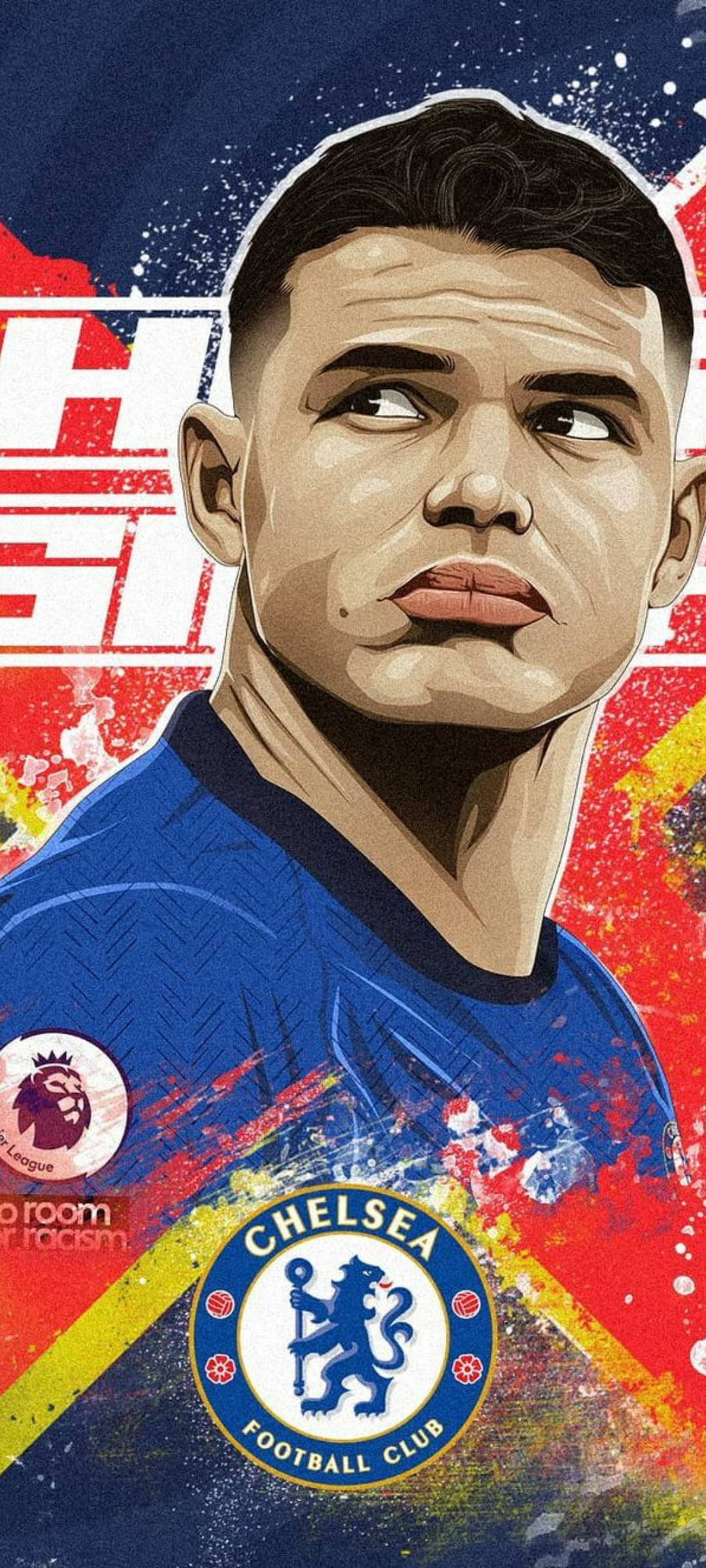 chelsea fc logo 桌布 壁紙 — 一個風格化的插圖，描繪一名身穿藍色球衣的切爾西足球員，背景為充滿活力的抽象圖案並帶有球隊標誌。