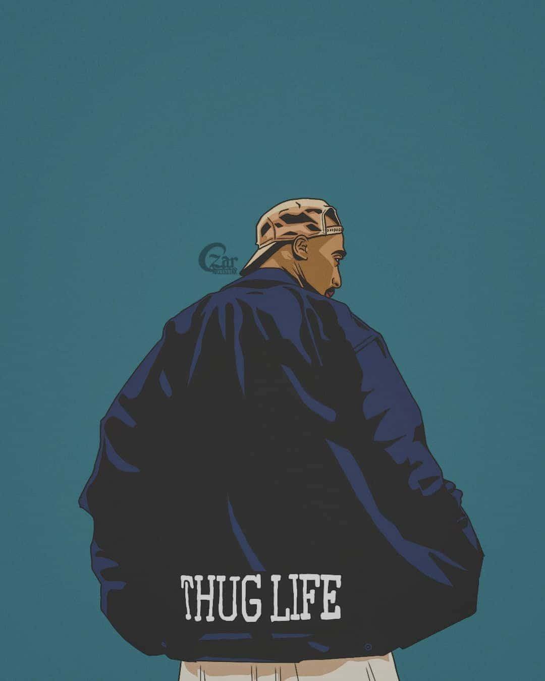 桌布 壁紙 — 一個風格化的插圖，描繪一名身穿藍色外套、背後印有「THUG LIFE」字樣、戴著帽子的男性，從背後觀看，背景為青綠色。