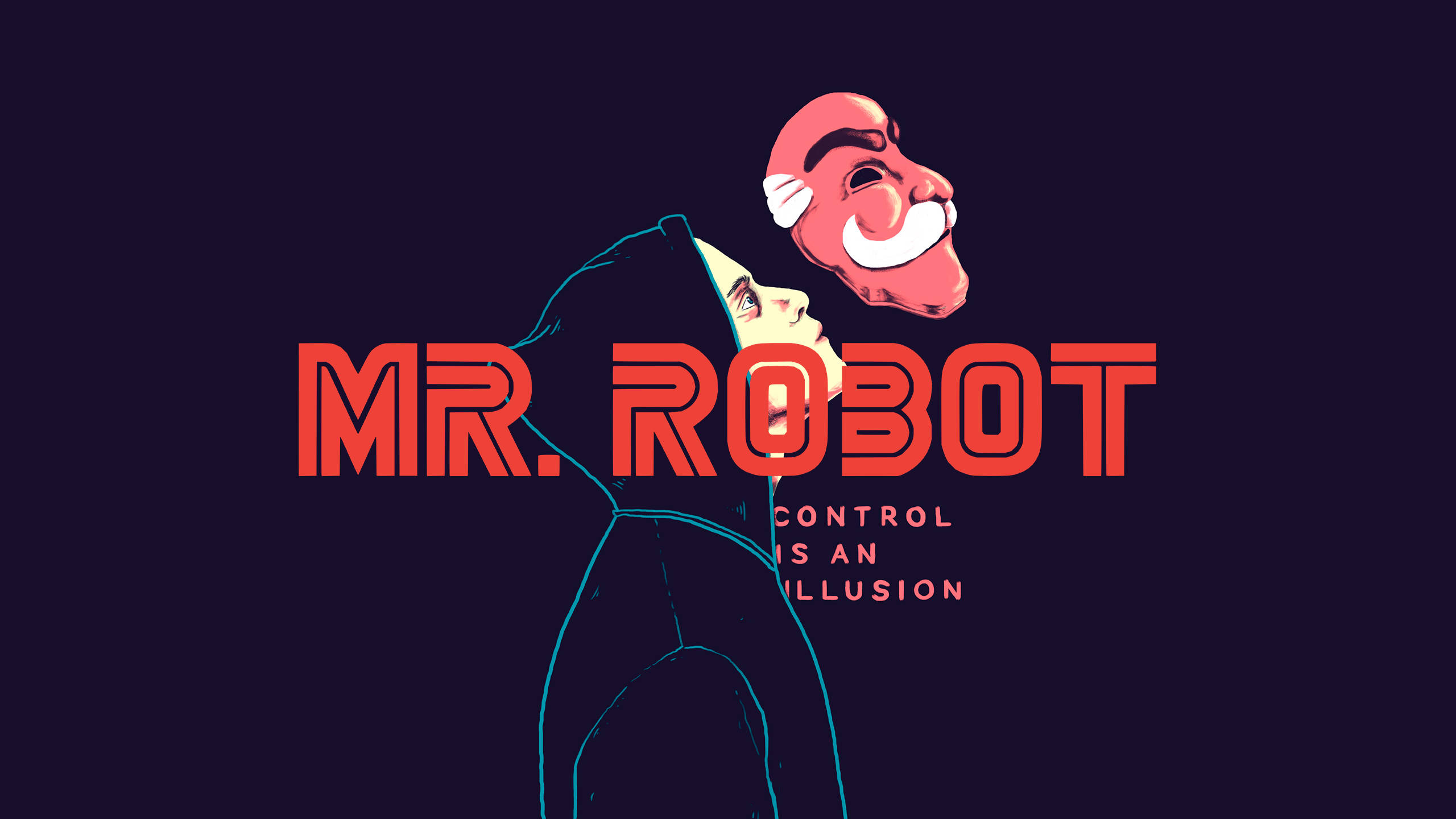 Mr Robot 桌布 壁紙 — 一個風格化的插圖，描繪一名身穿西裝的男子手持紅色面具，上面有粗體文字「MR. ROBOT」，下方有短語「CONTROL IS AN ILLUSION」。