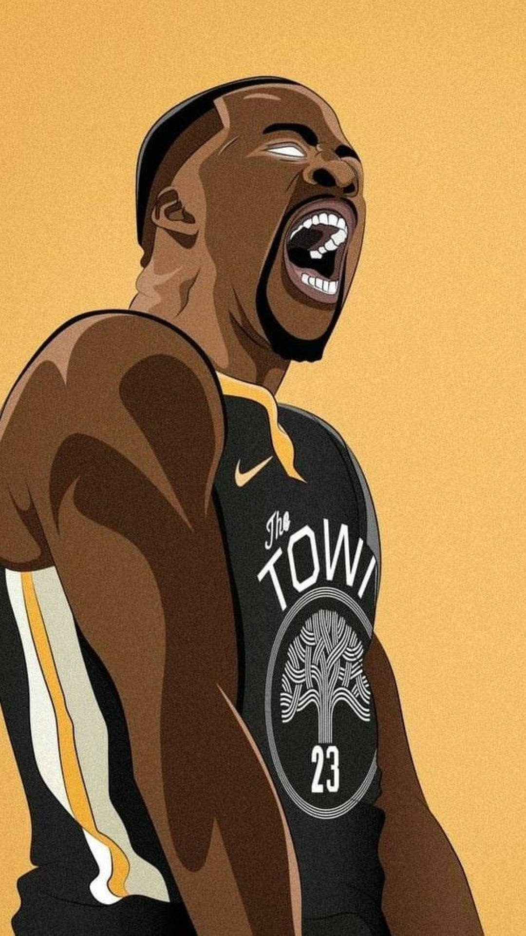 Draymond Green 桌布 壁紙 — 一個風格化的插圖，描繪一名身穿黑色球衣、印有「The TOWN」和樹木標誌的籃球運動員，在純芥末色背景上勝利地咆哮。