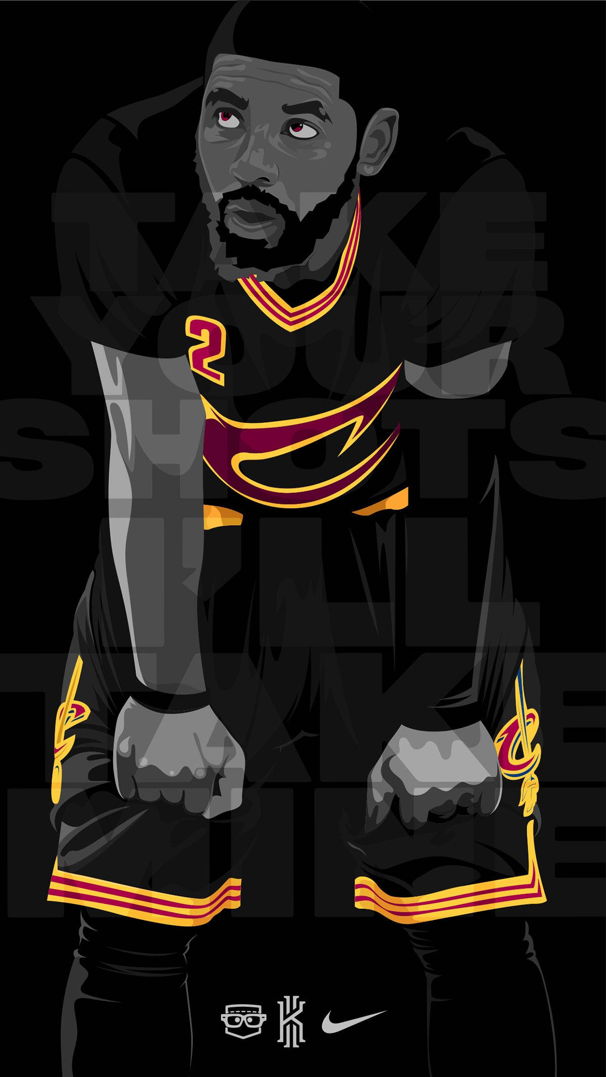 Kyrie 桌布 壁紙 — 一個風格化的插圖，描繪一名身穿黑色球衣、帶有紅黃色點綴、背號二號的籃球運動員，在深色背景前握緊拳頭。