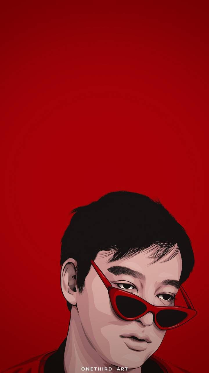 joji 桌布 壁紙 — 一個風格化的插圖，描繪一名黑髮、戴紅色太陽眼鏡的男子，背景為純紅色。