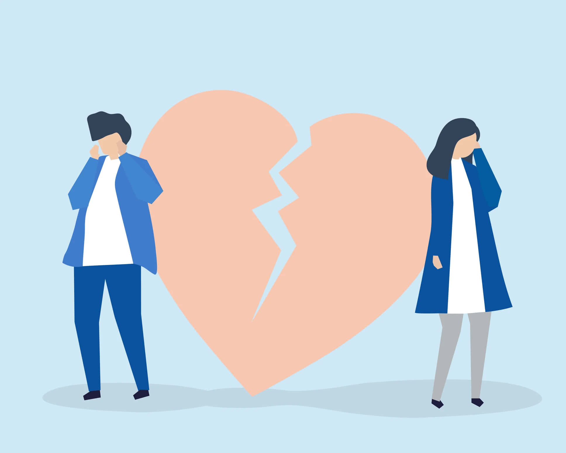 Heartbreaks 桌布 壁紙 — 一個風格化的插圖，描繪一男一女分開站立，中間有一個大的破碎心形。