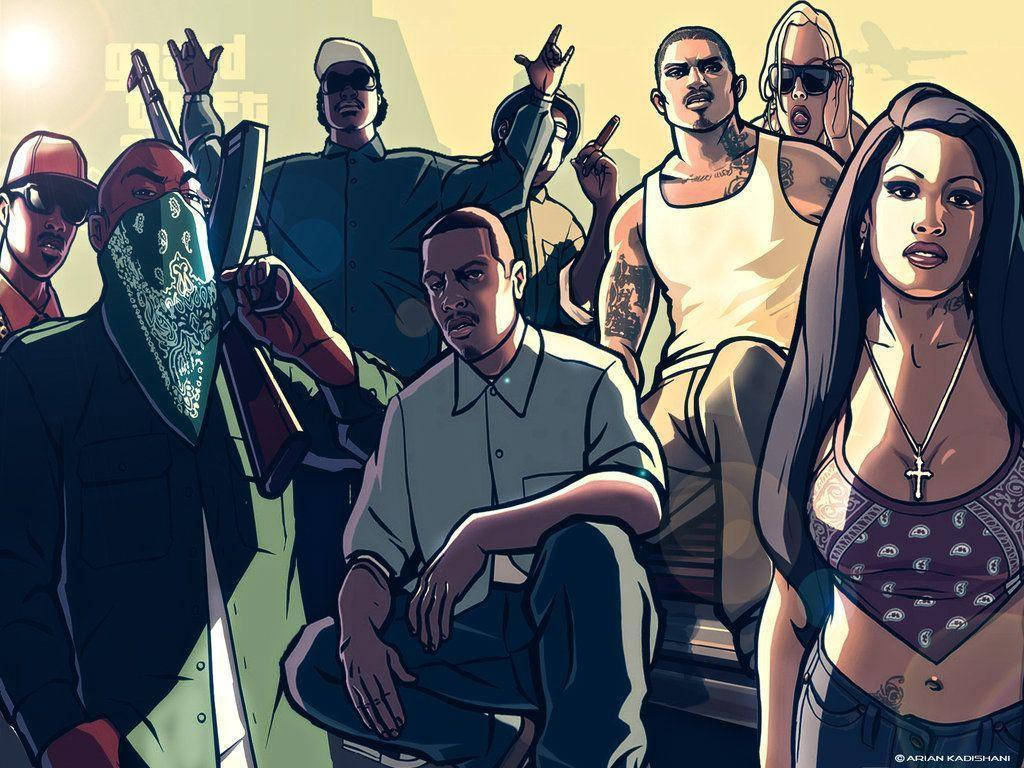 GTA 聖安地列斯 桌布 壁紙 — 一個風格化的插圖，描繪一群武裝幫派成員在 gritty 的城市環境中持槍和頭巾擺姿勢。