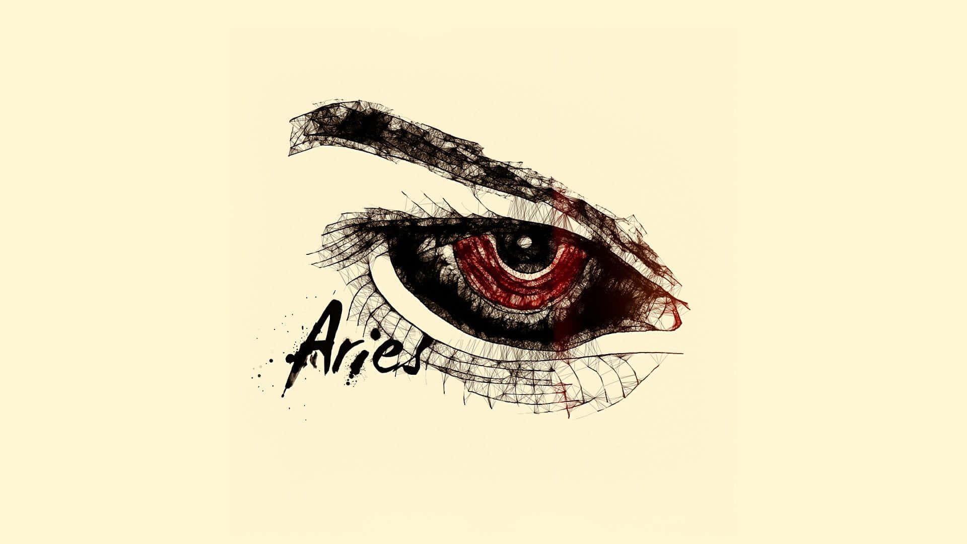 aries 桌布 壁紙 — 一個風格化的插圖，描繪一隻帶有紅色虹膜和黑色墨水細節的兇猛眼睛，標有「牡羊座」，背景為奶油色。