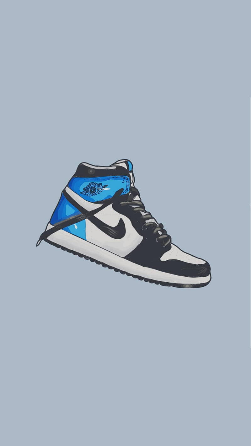 Nike Air Jordan 1 桌布 壁紙 — 一個風格化的插圖，描繪一雙藍、黑、白三色的高筒運動鞋，背景為柔和的灰色。