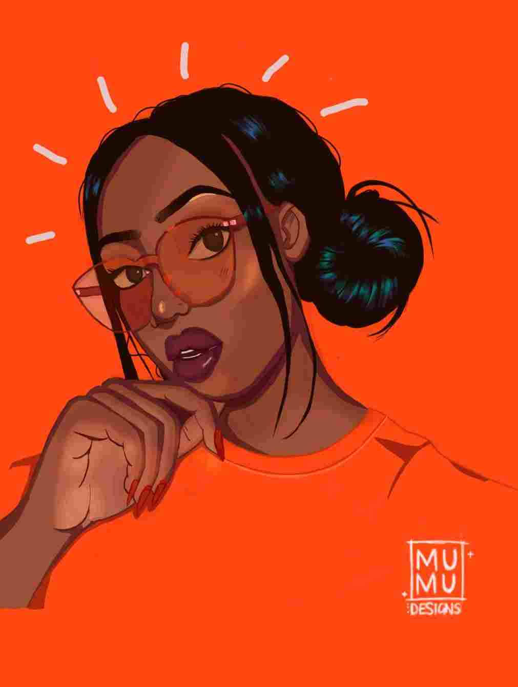 Black Girl 桌布 壁紙 — 一個風格化的插圖，描繪了一位深色皮膚、戴眼鏡的女性，背景是充滿活力的橙色。